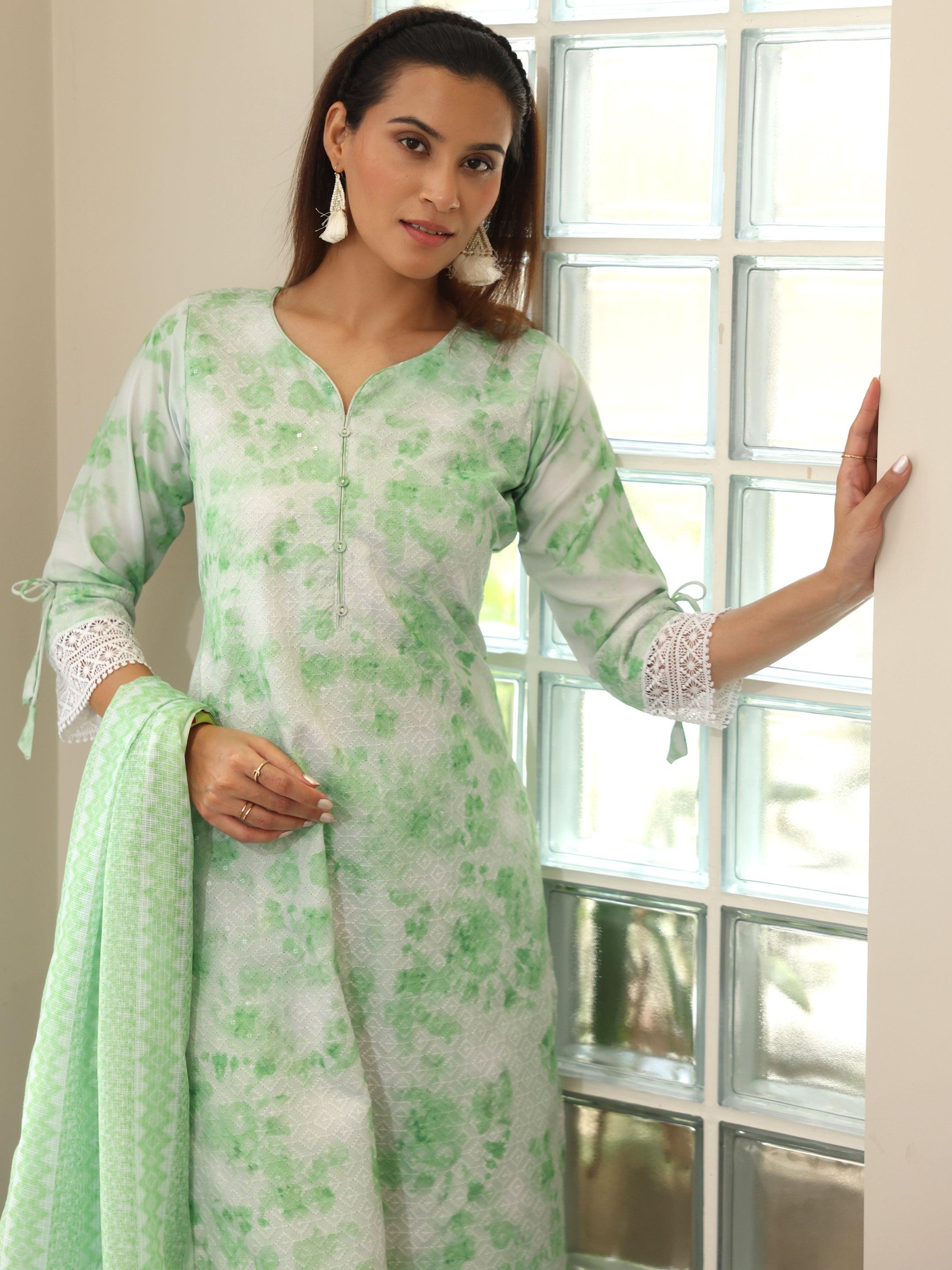 Green Embroidered Cotton Blend Straight Suit With Dupatta