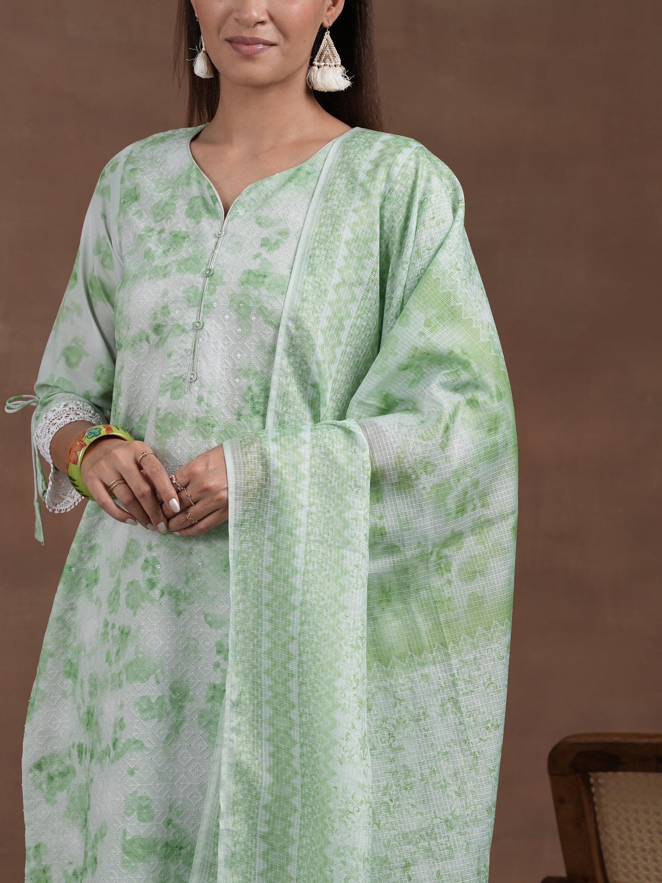 Green Embroidered Cotton Blend Straight Suit With Dupatta