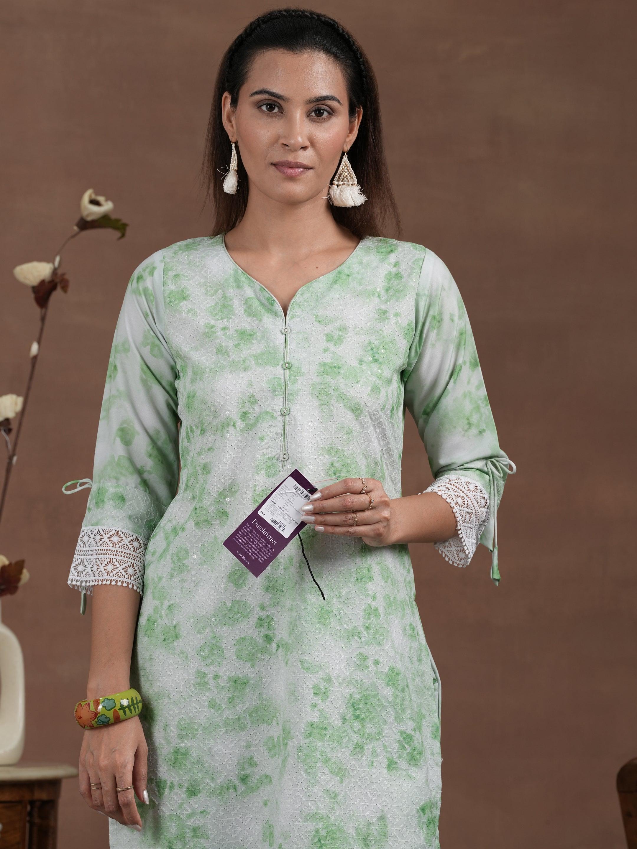 Green Embroidered Cotton Blend Straight Suit With Dupatta