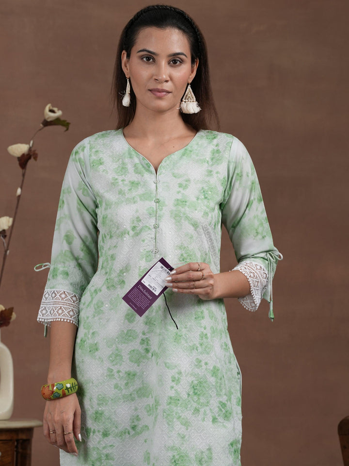 Green Embroidered Cotton Blend Straight Suit With Dupatta - Libas