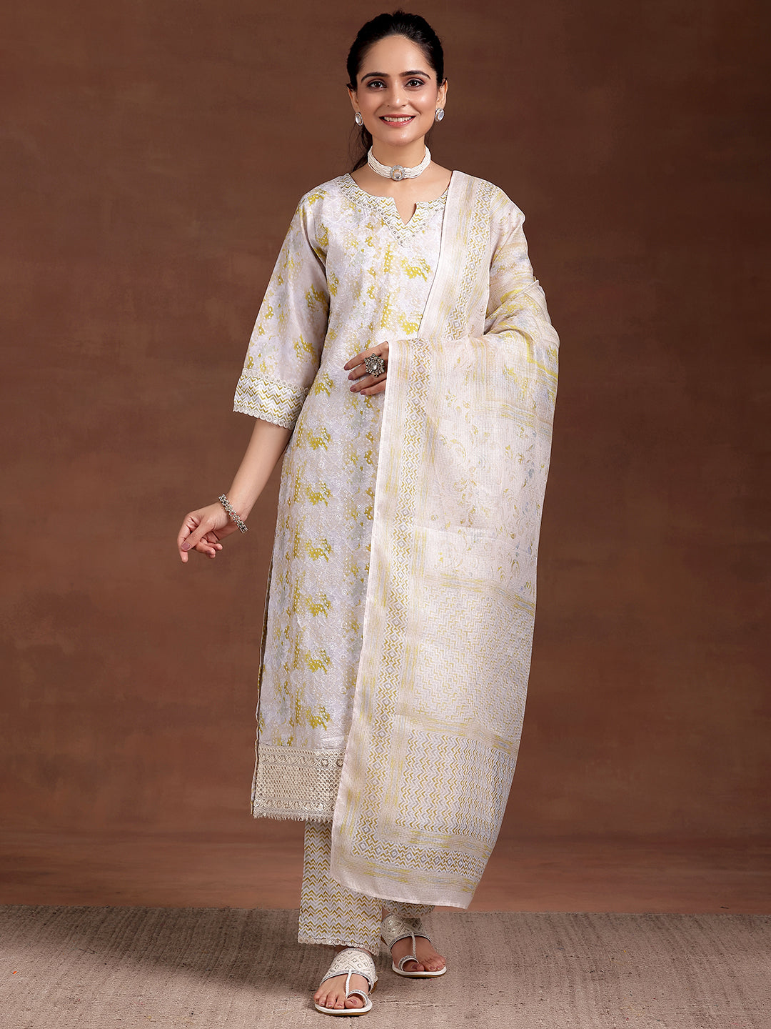 Beige Embroidered Cotton Blend Straight Suit With Dupatta