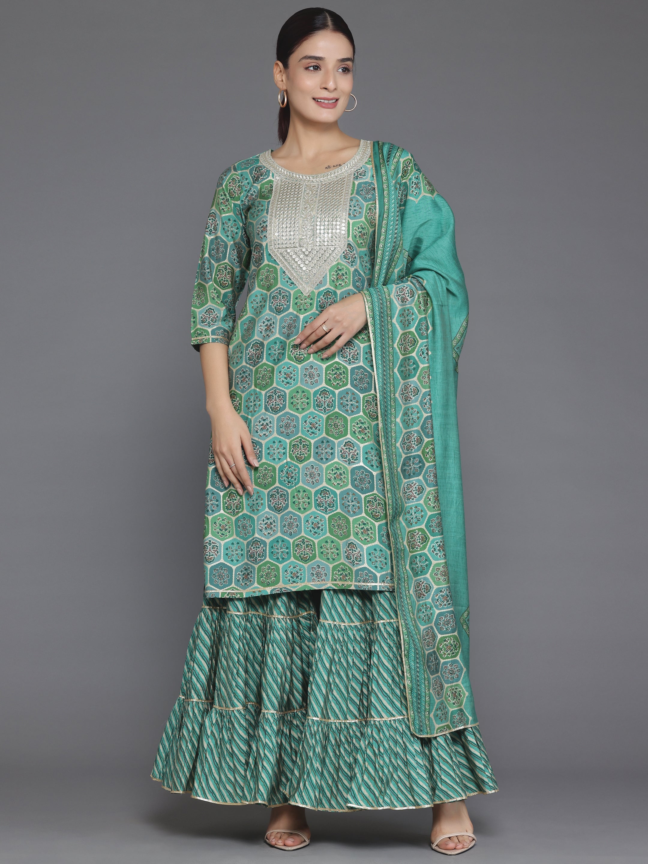 Green Printed Silk Blend Straight Suit With Dupatta