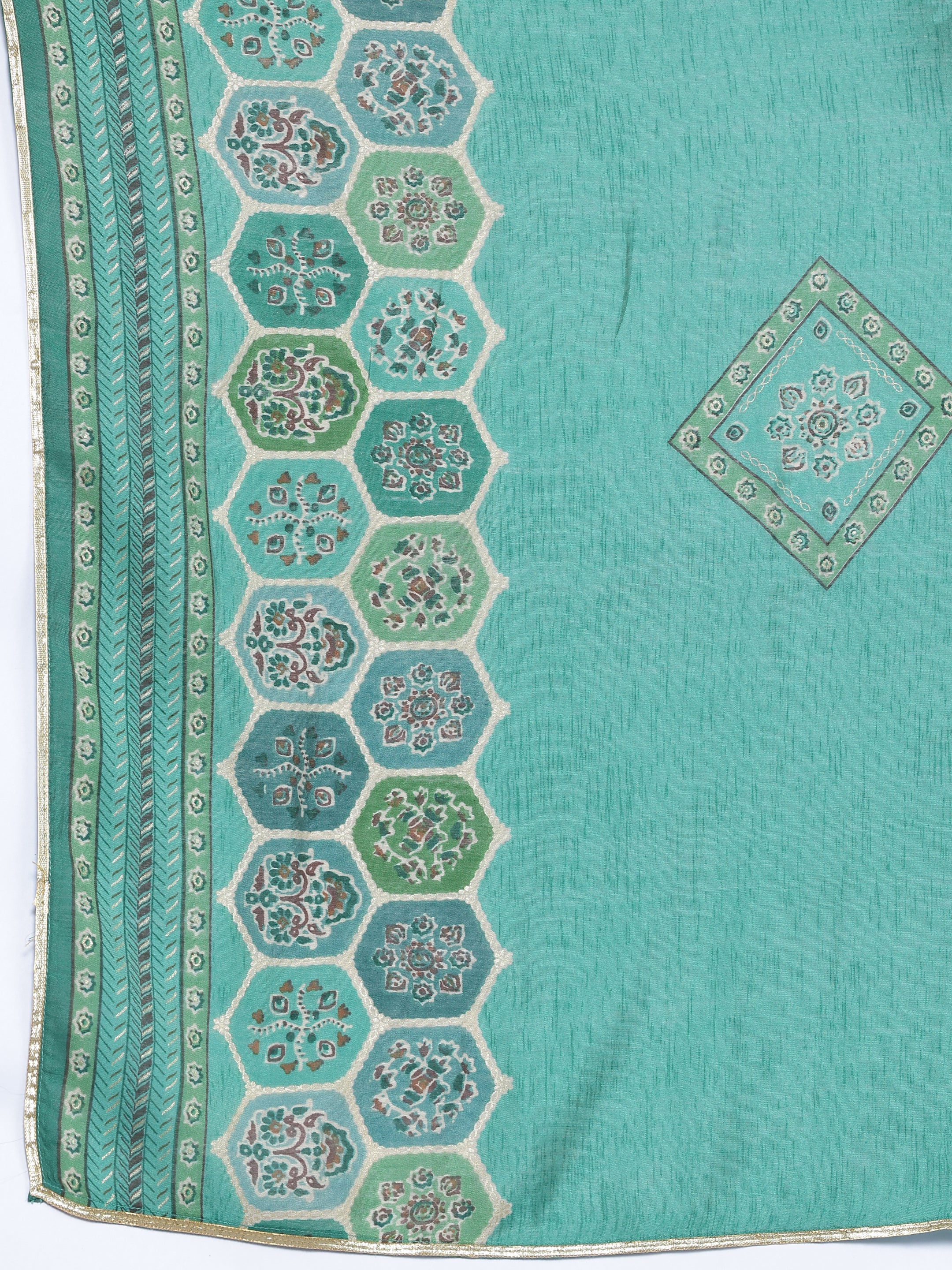 Green Printed Silk Blend Straight Suit With Dupatta