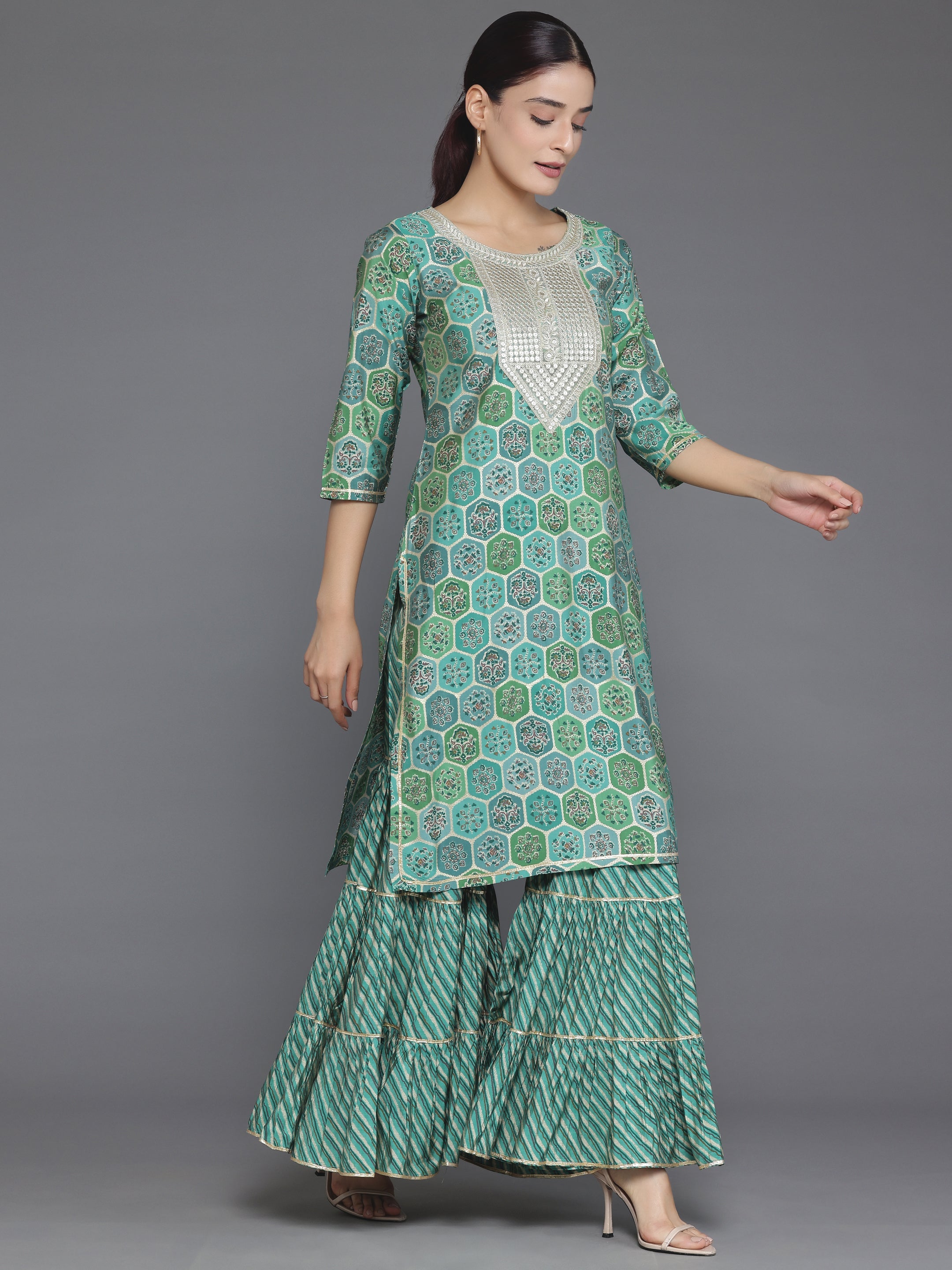 Green Printed Silk Blend Straight Suit With Dupatta