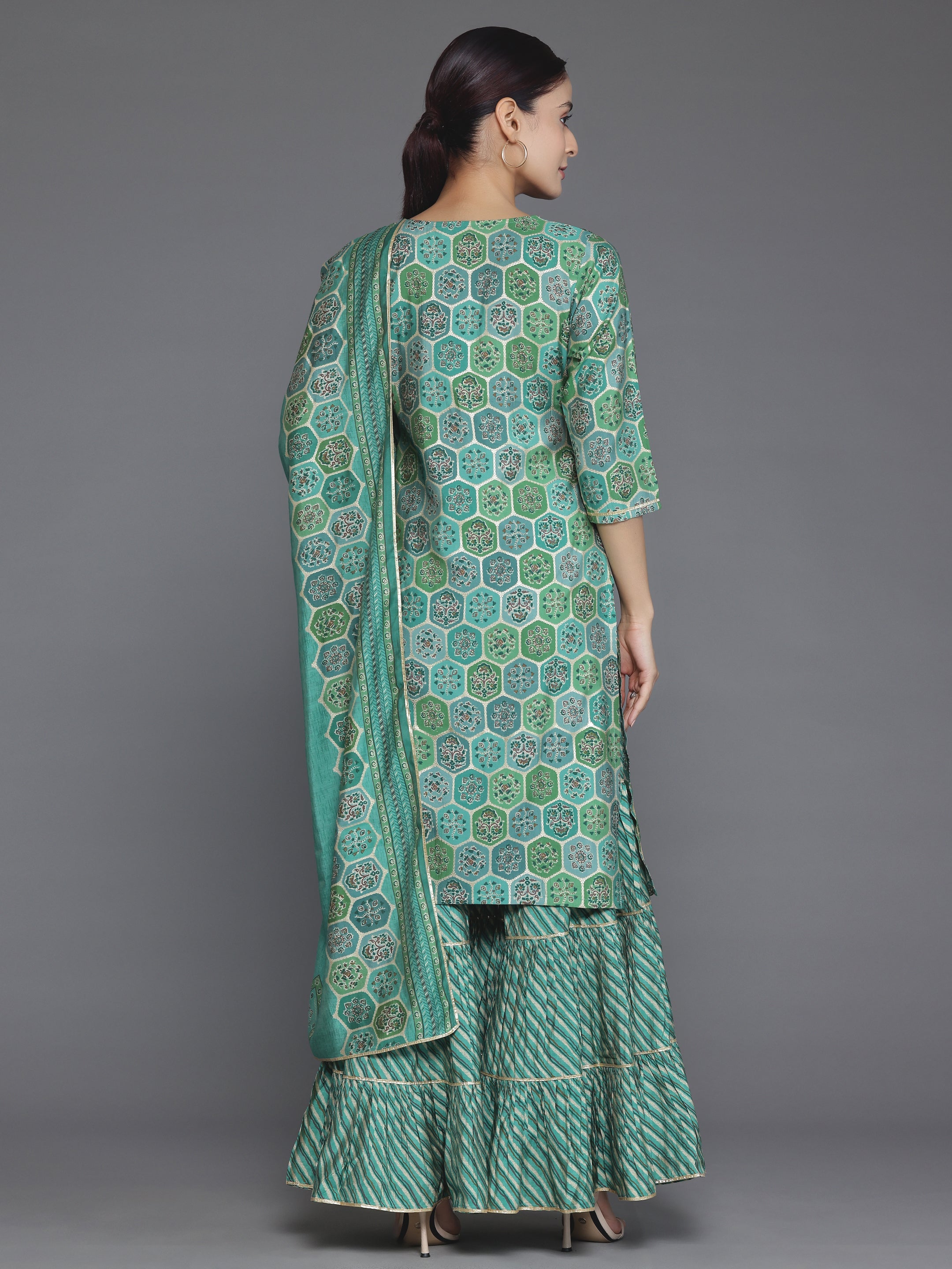 Green Printed Silk Blend Straight Suit With Dupatta