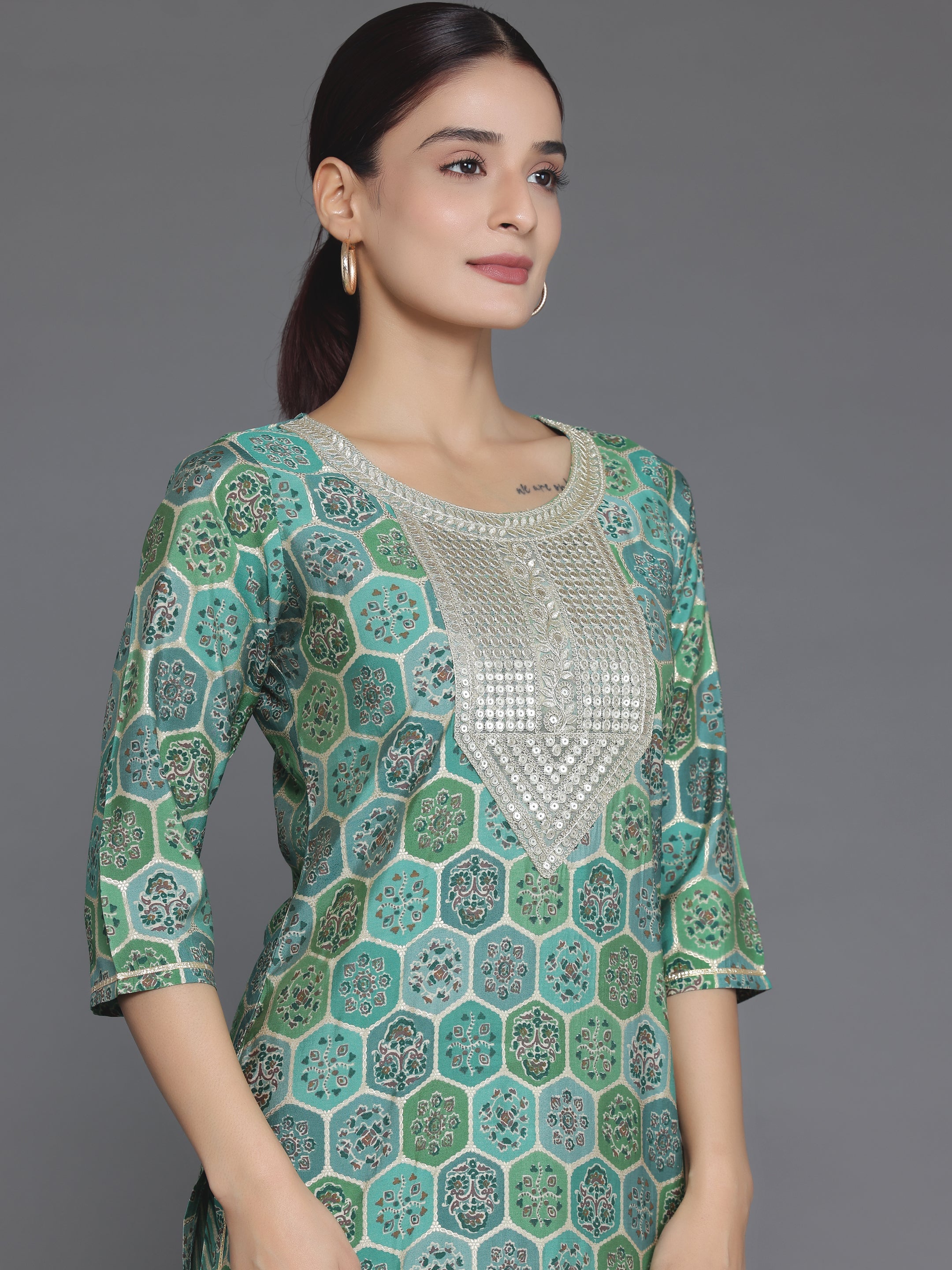 Green Printed Silk Blend Straight Suit With Dupatta