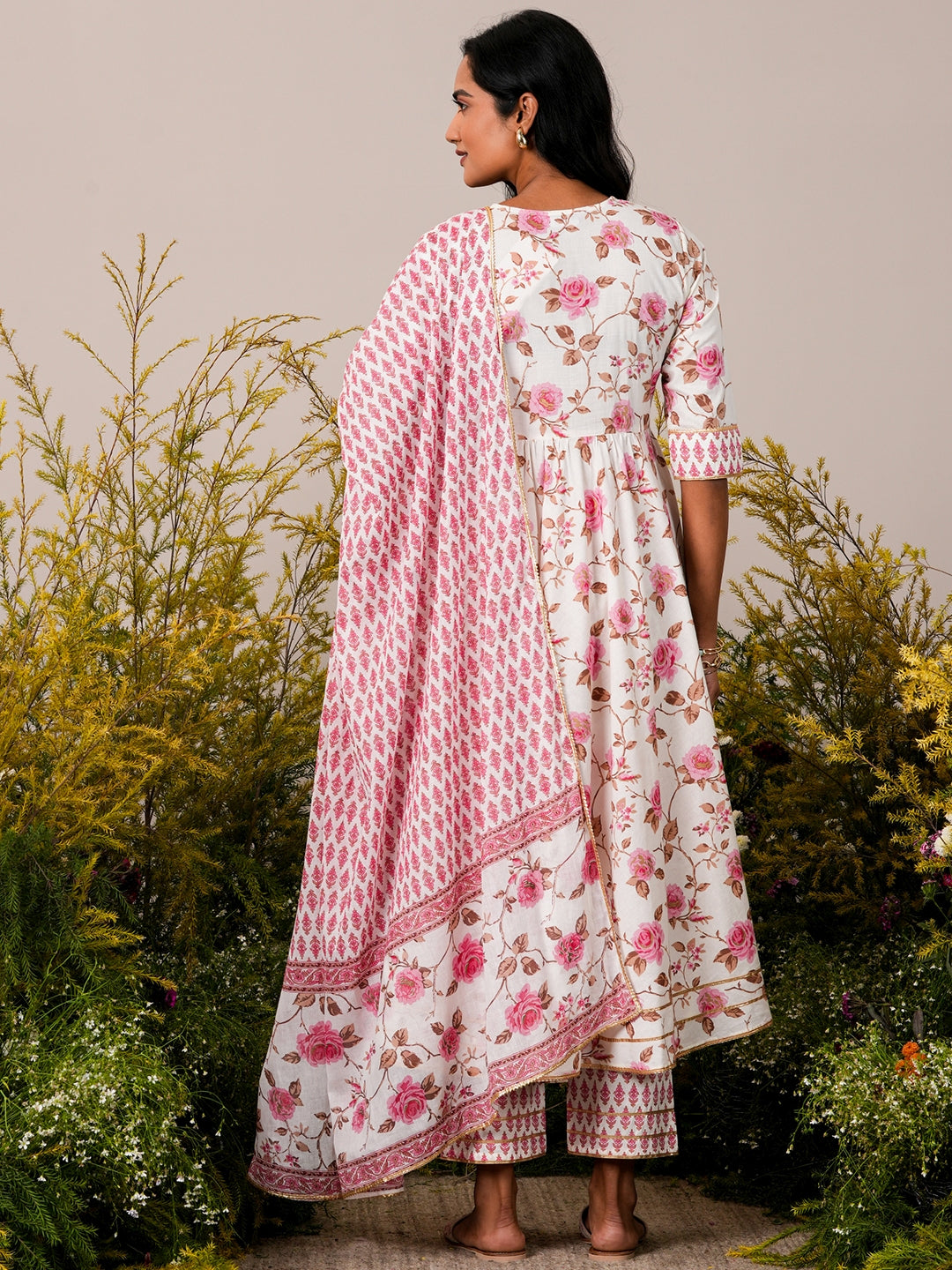 Off White Printed Cotton Anarkali Suit With Dupatta