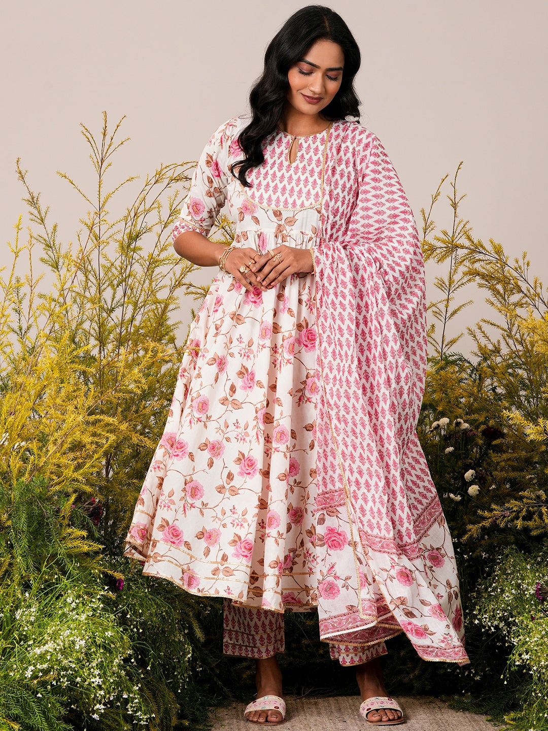 Off White Printed Cotton Anarkali Suit With Dupatta