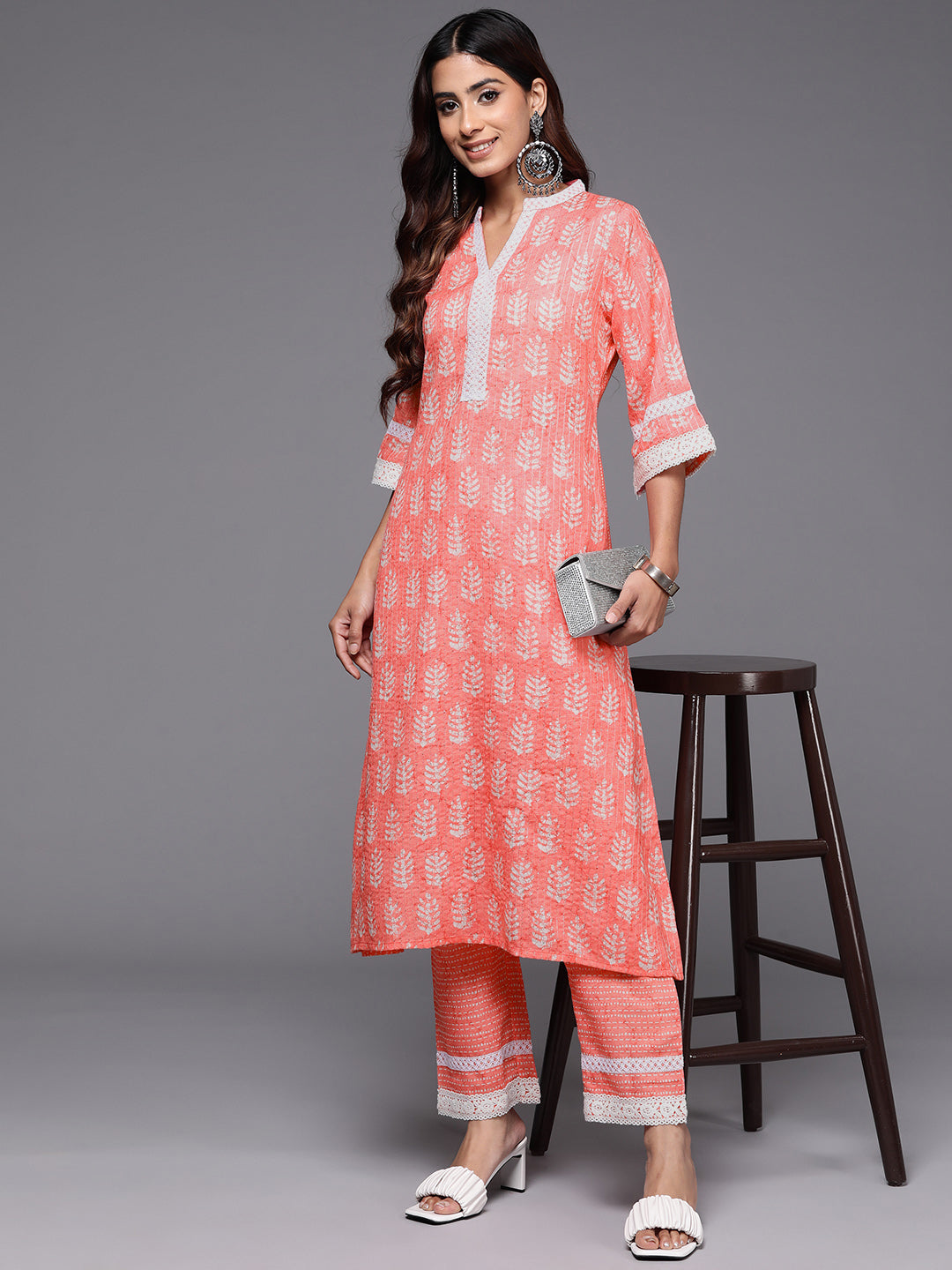 Peach Printed Cotton Blend A-Line Kurta With Trousers