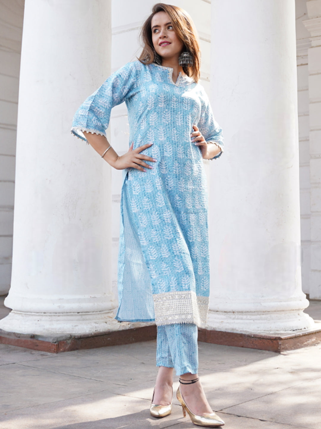 Blue Printed Cotton Straight Kurta Set