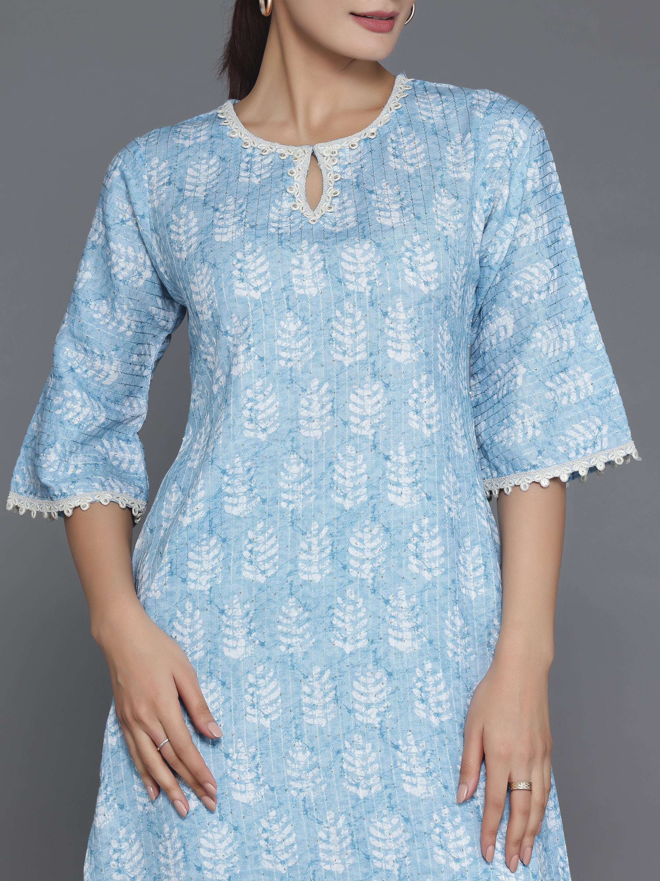 Blue Printed Cotton Straight Kurta Set