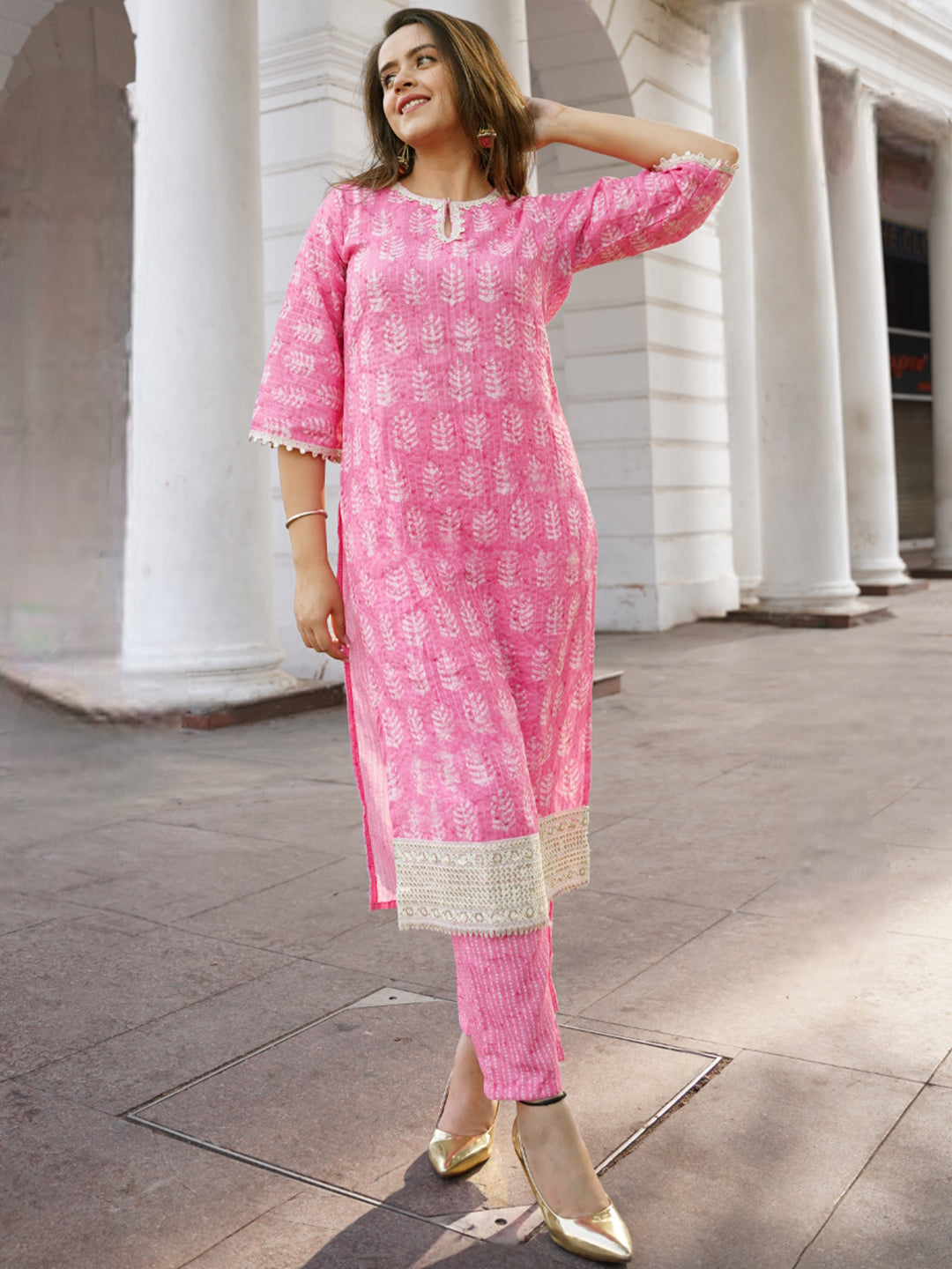 Pink Printed Cotton Straight Kurta Set