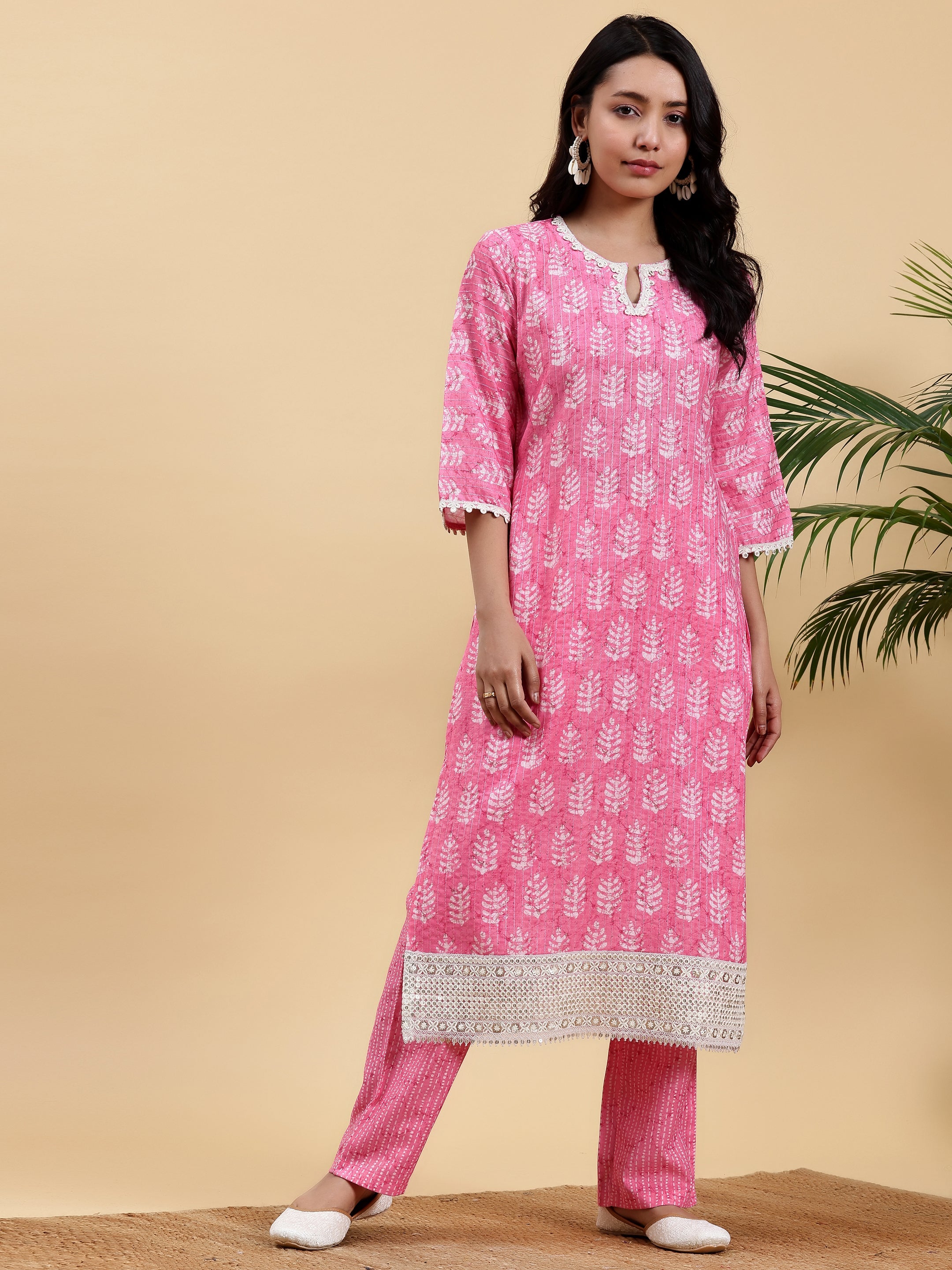 Pink Printed Cotton Straight Kurta Set