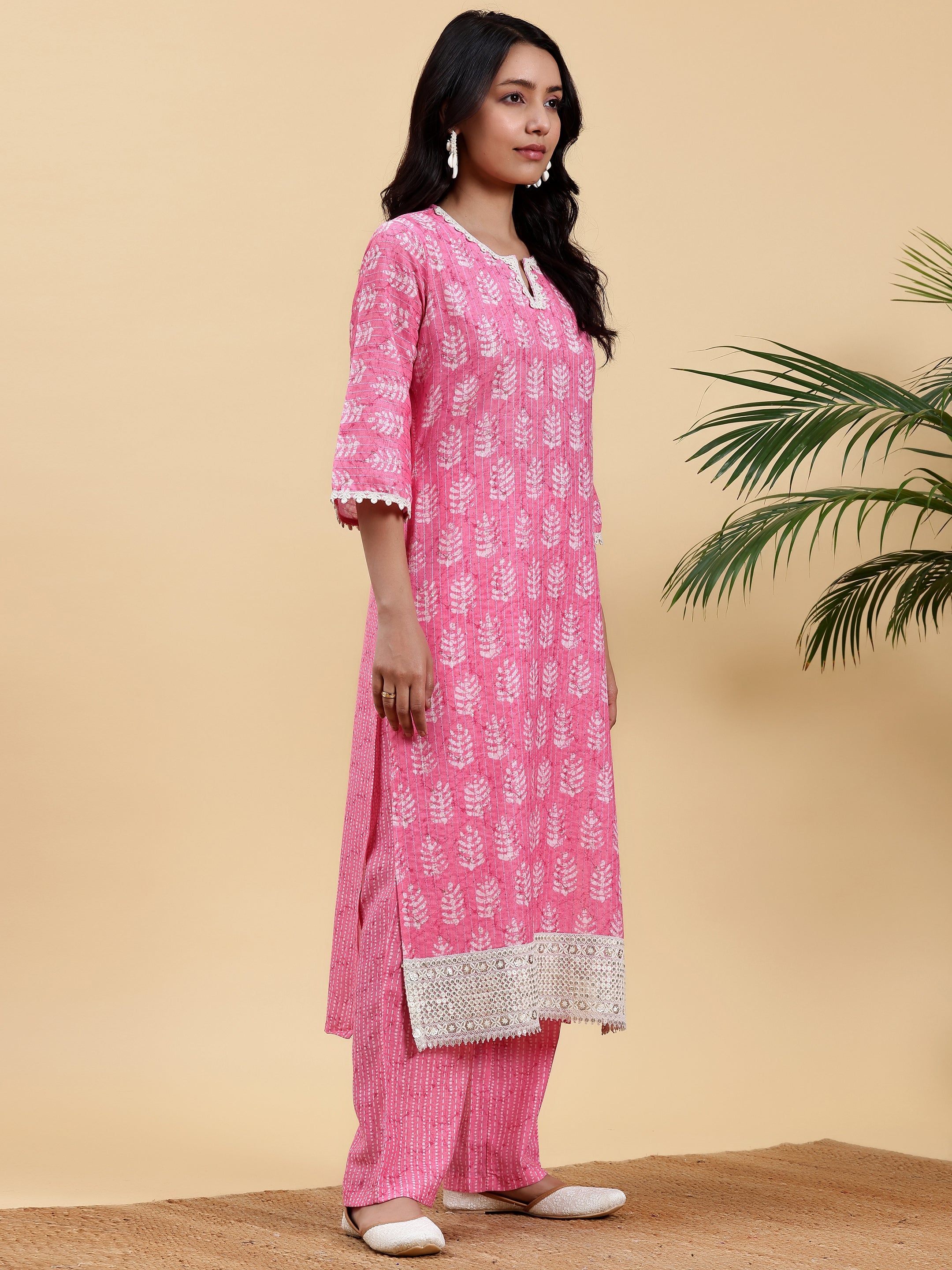 Pink Printed Cotton Straight Kurta Set