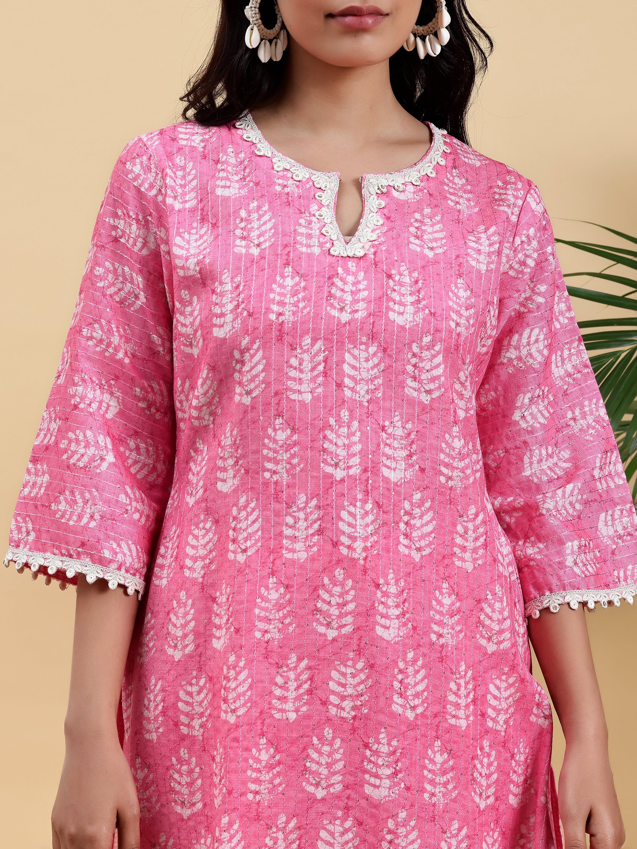 Pink Printed Cotton Straight Kurta Set