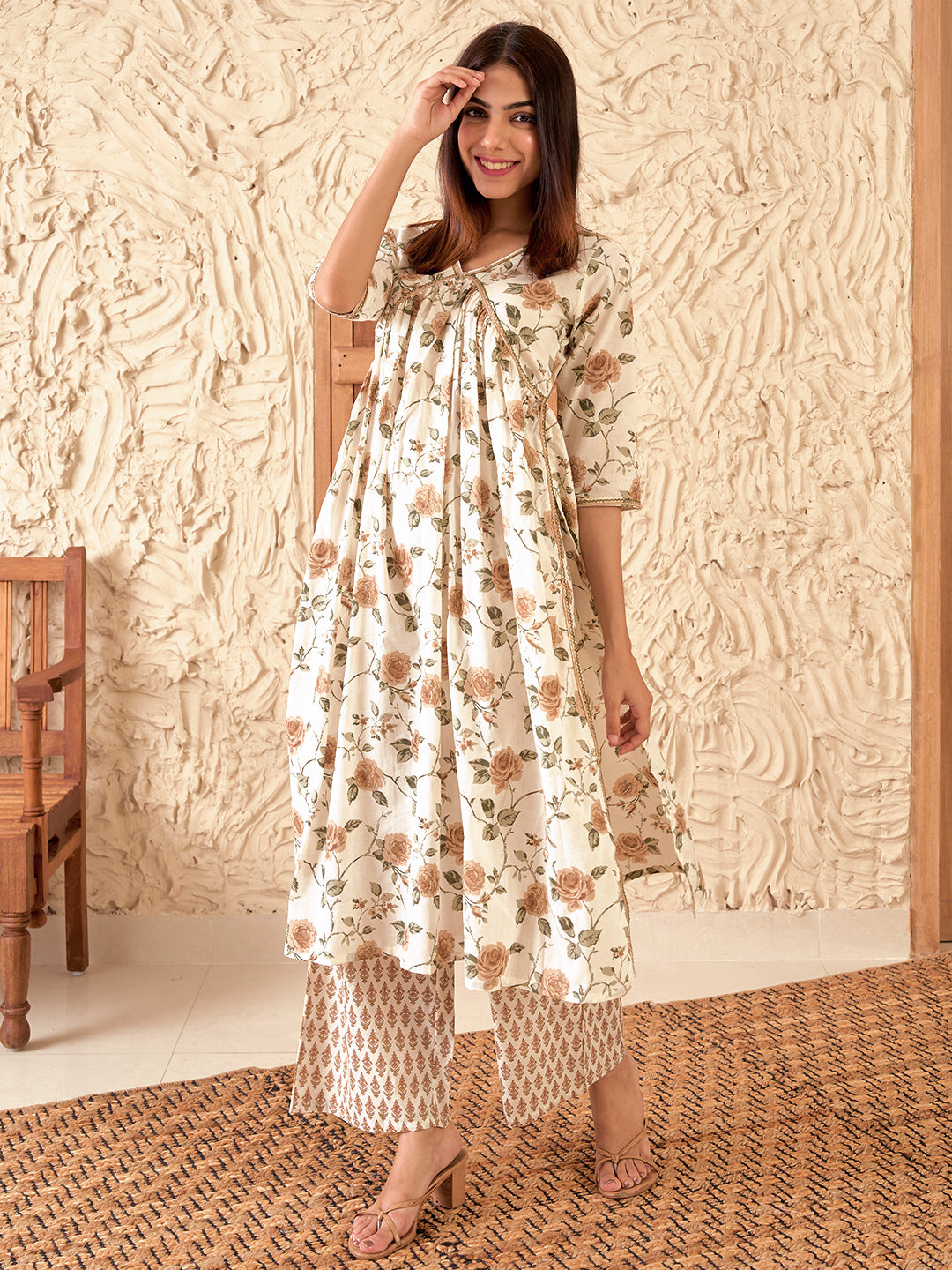 Off White Printed Cotton A-Line Kurta With Palazzos