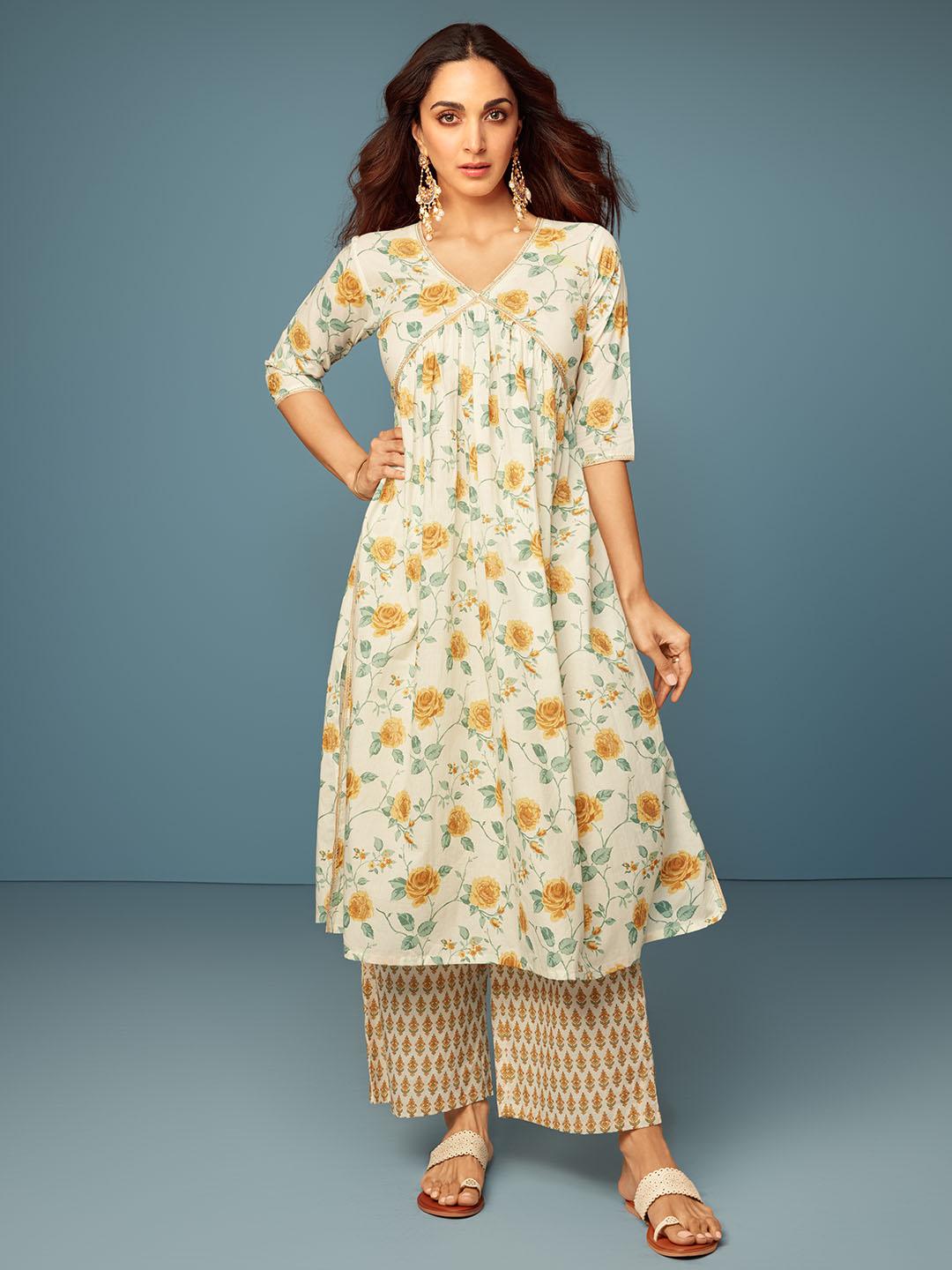 Gulkand Off white Printed Cotton A-Line Kurta With Palazzos