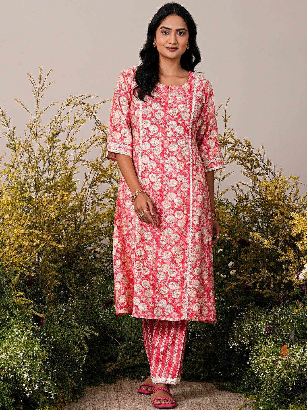 Peach Printed Silk Blend A-Line Kurta With Trousers