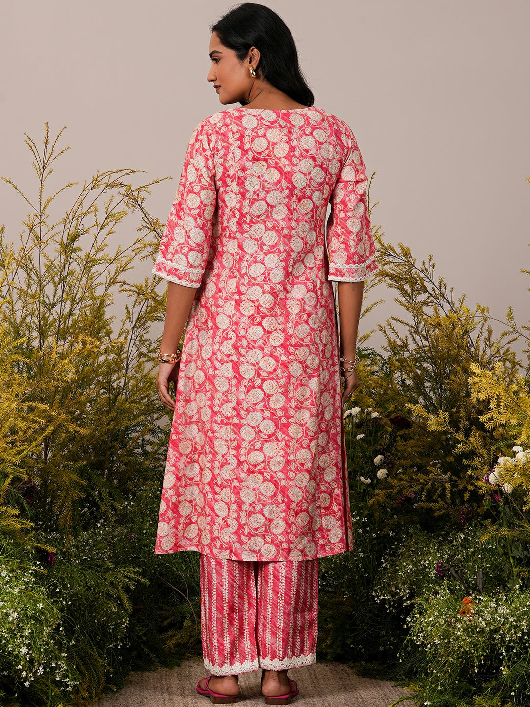 Peach Printed Silk Blend A-Line Kurta With Trousers