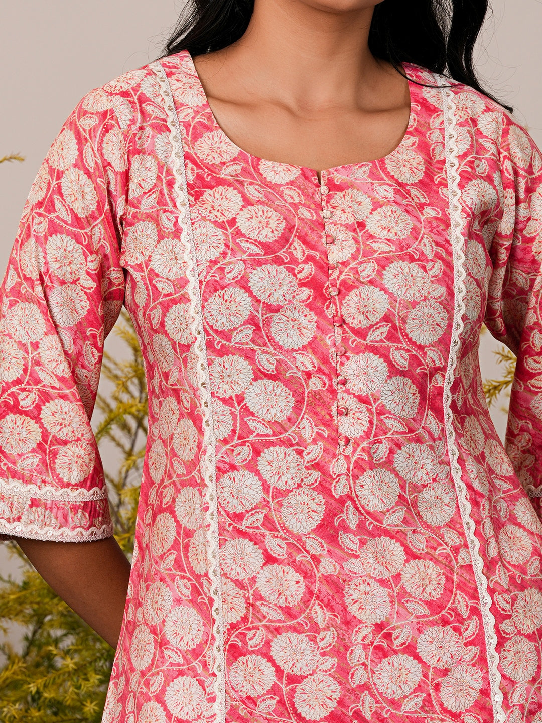 Peach Printed Silk Blend A-Line Kurta With Trousers