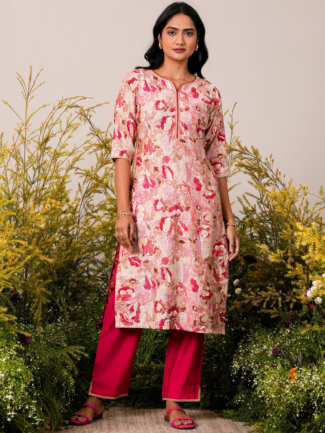 Pink Printed Silk Blend Straight Kurta Set