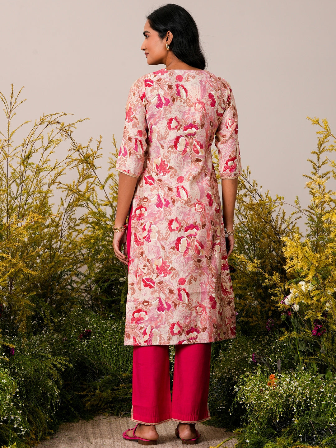 Pink Printed Silk Blend Straight Kurta Set