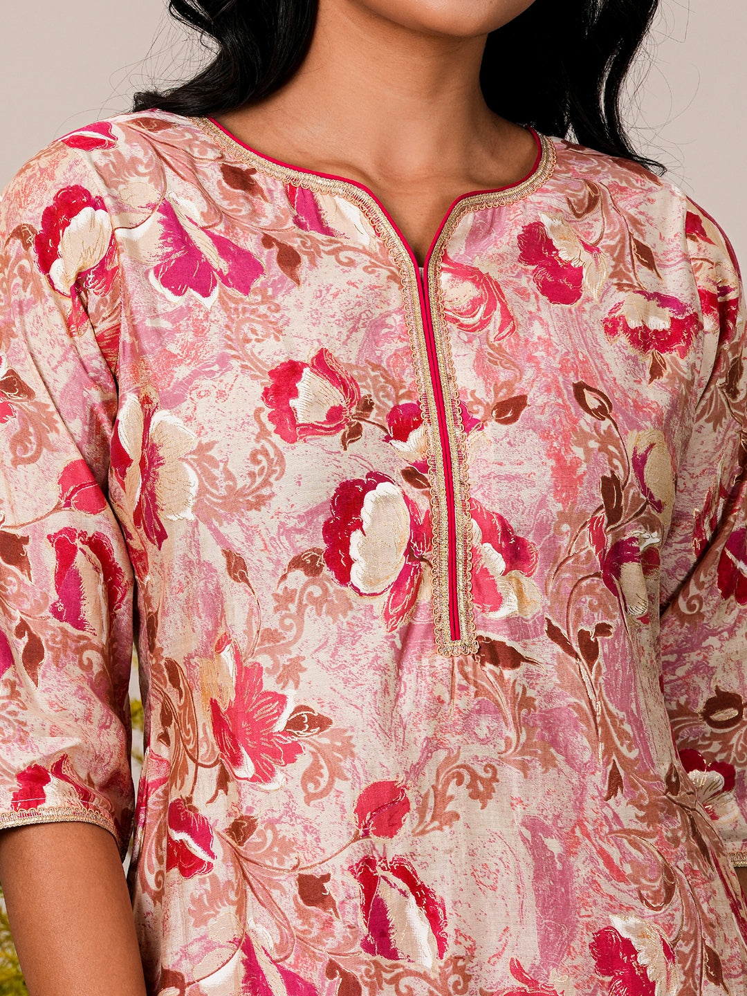 Pink Printed Silk Blend Straight Kurta Set