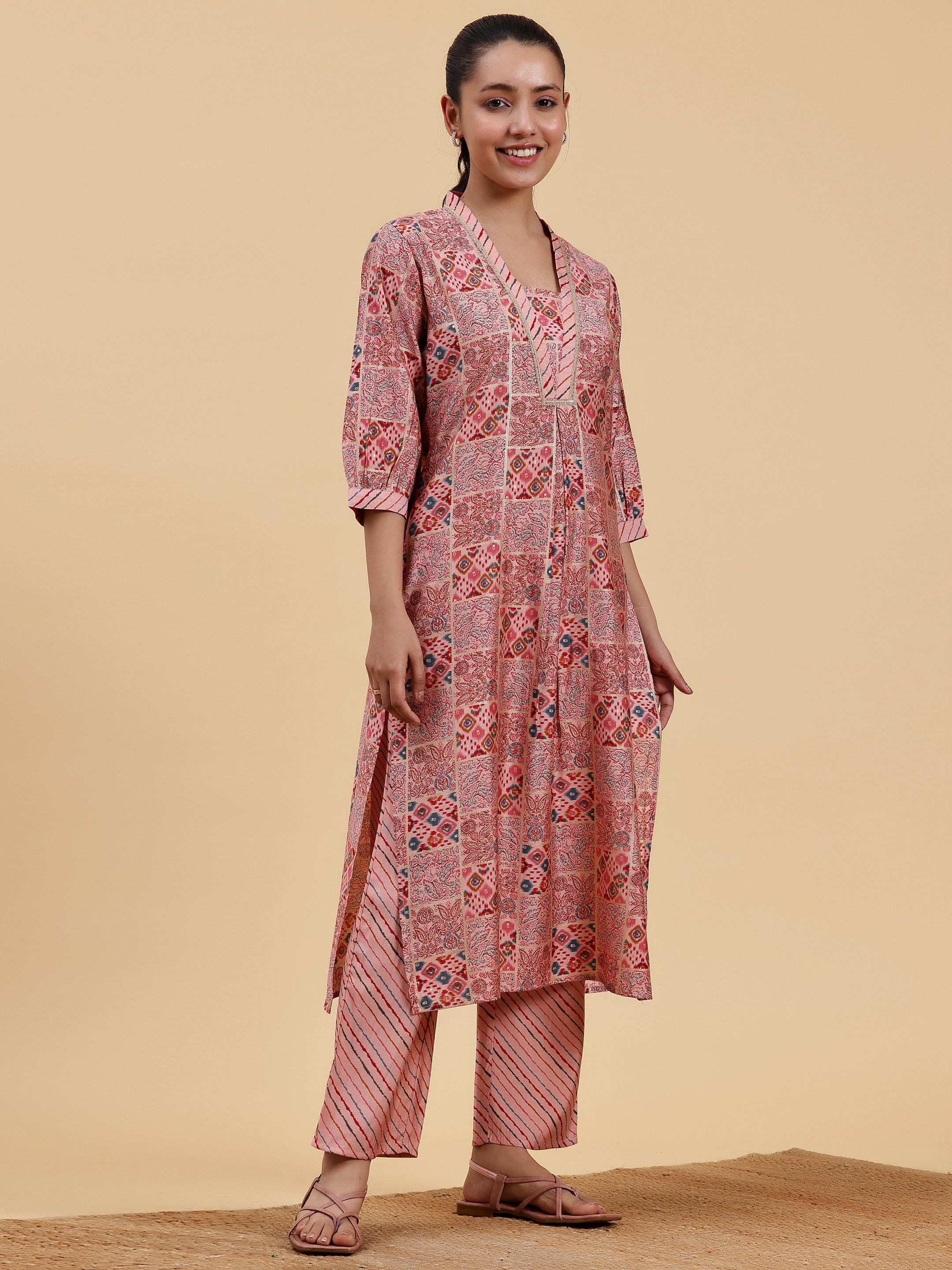 Peach Printed Silk Blend Straight Kurta Set