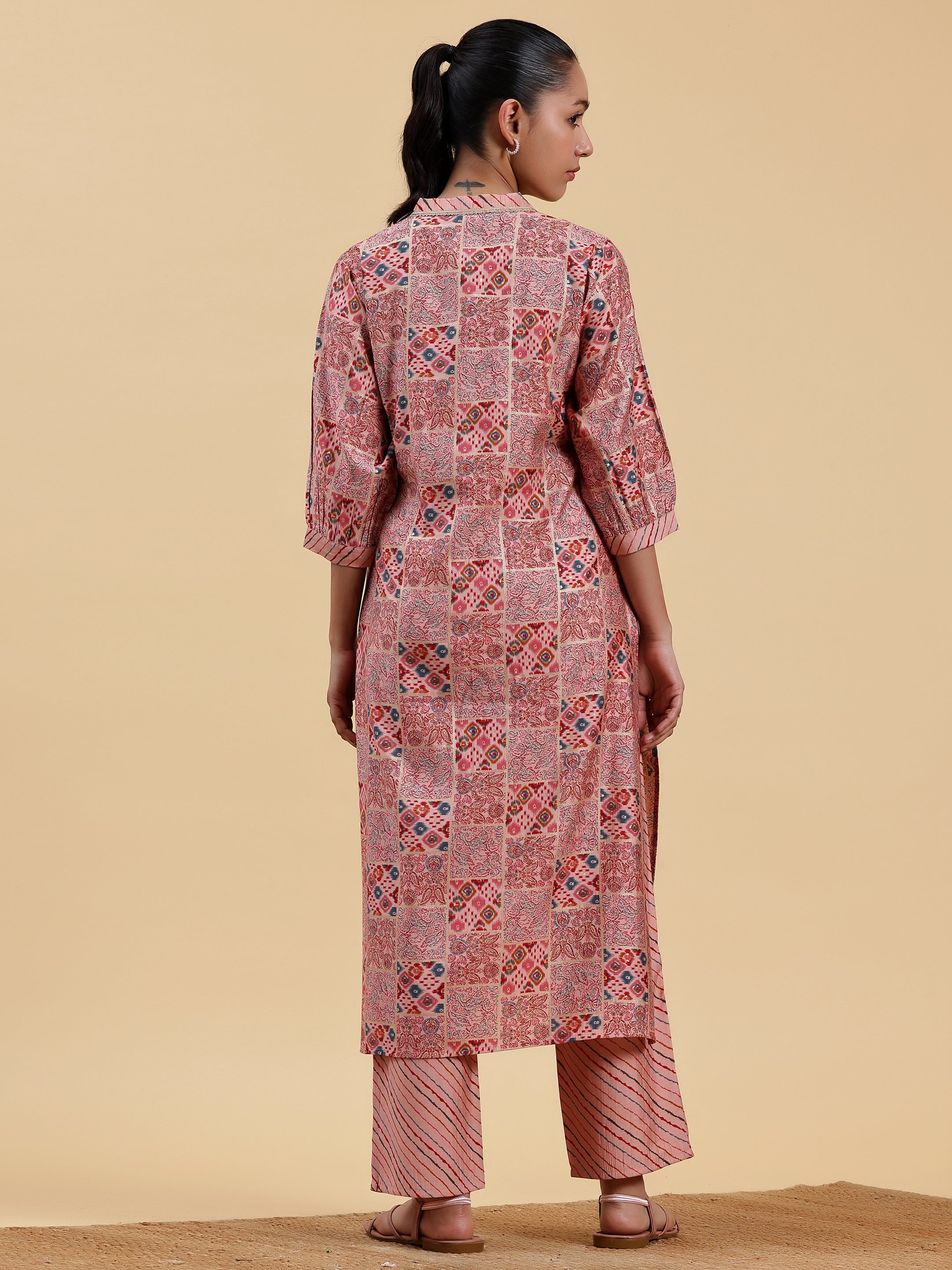 Peach Printed Silk Blend Straight Kurta Set