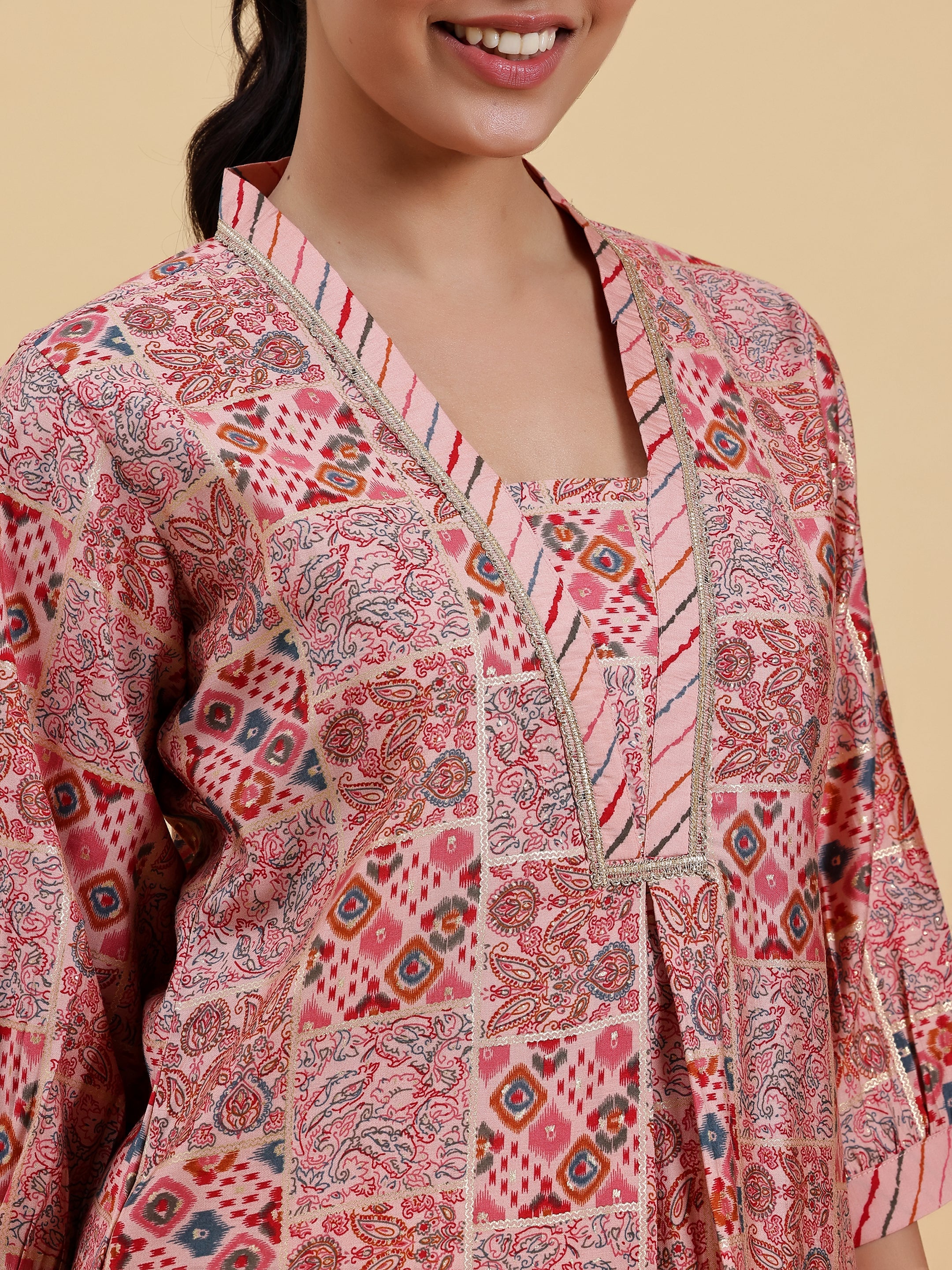 Peach Printed Silk Blend Straight Kurta Set