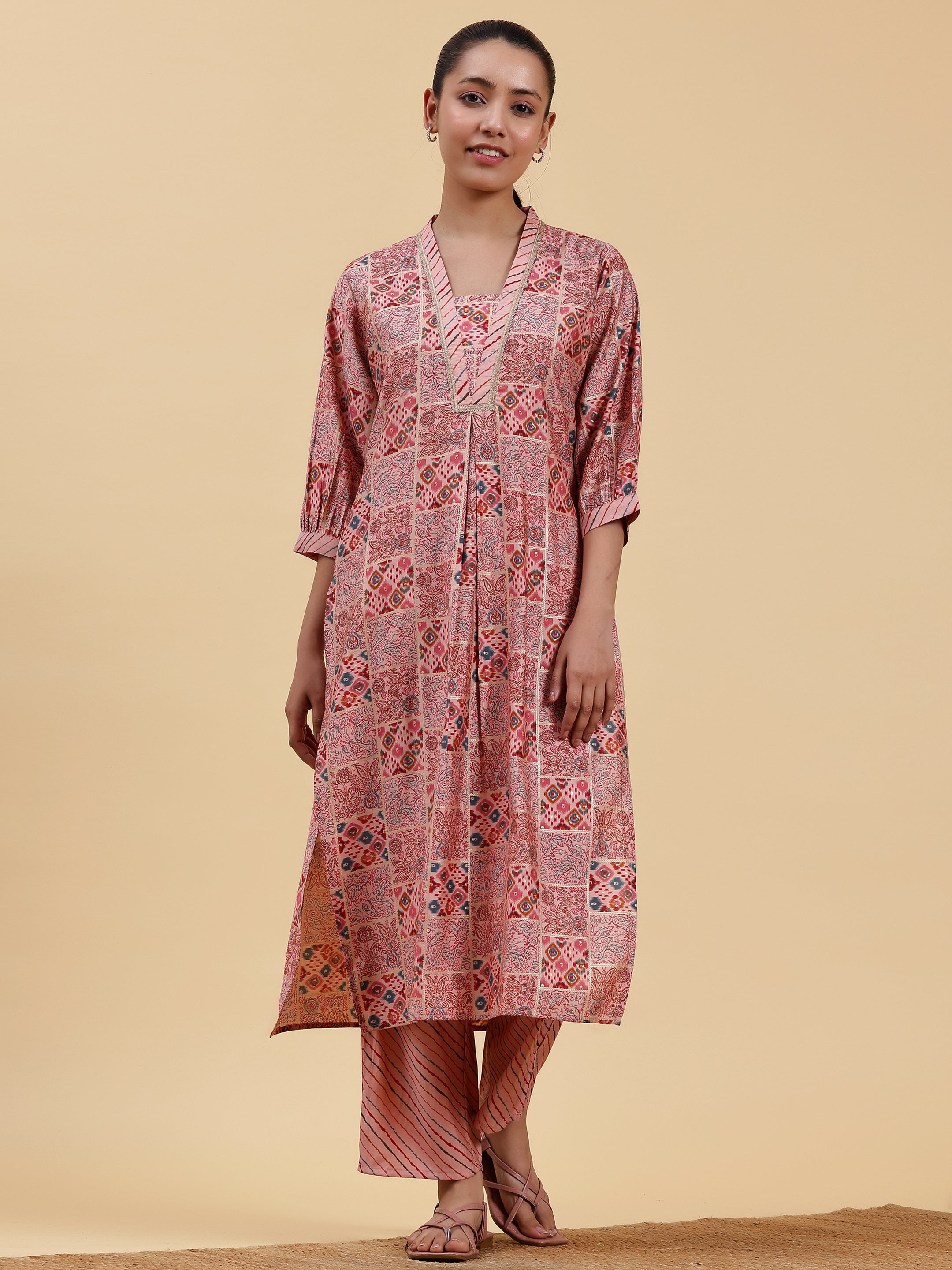 Peach Printed Silk Blend Straight Kurta Set