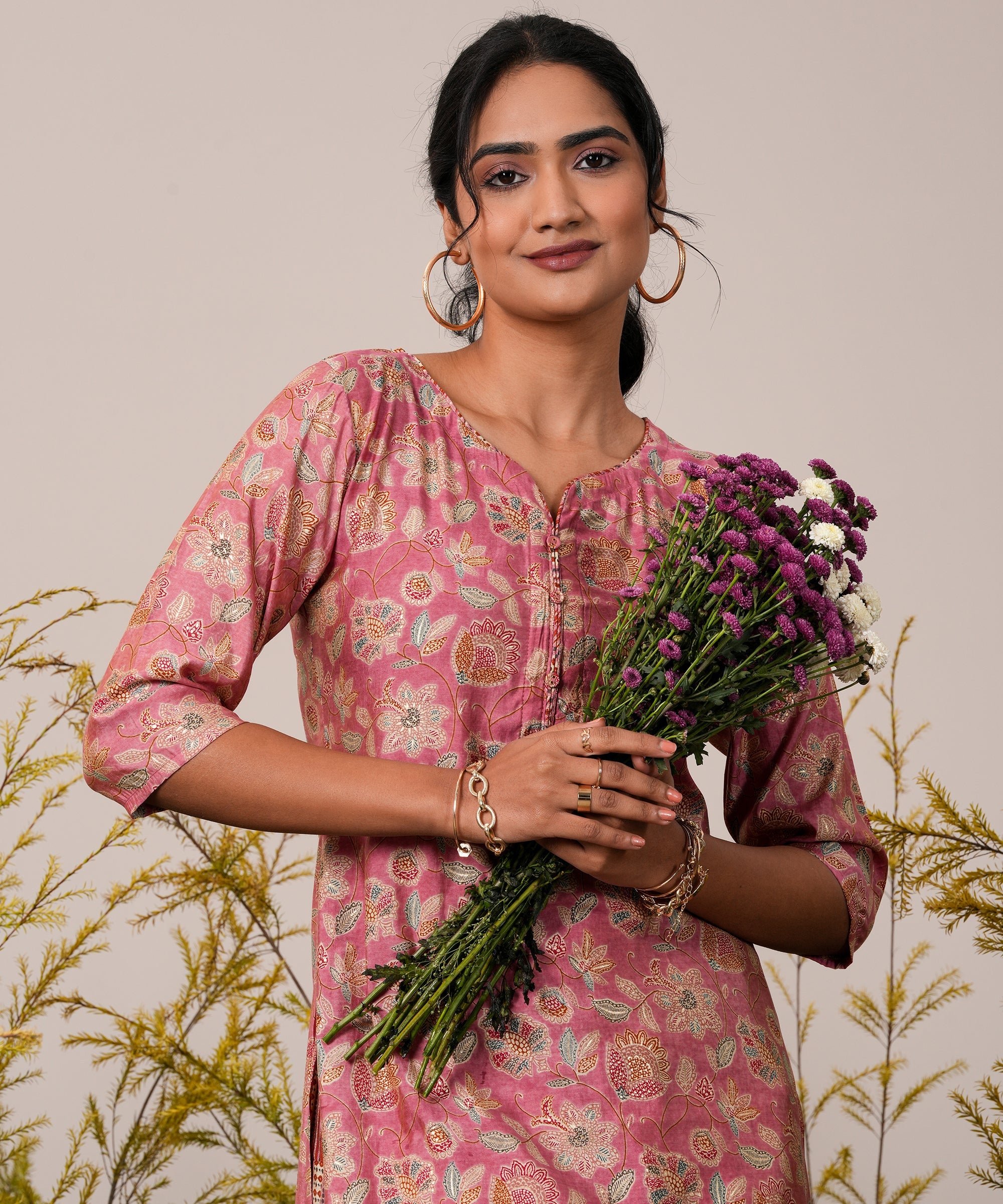 Peach Printed Silk Blend Straight Kurta Set