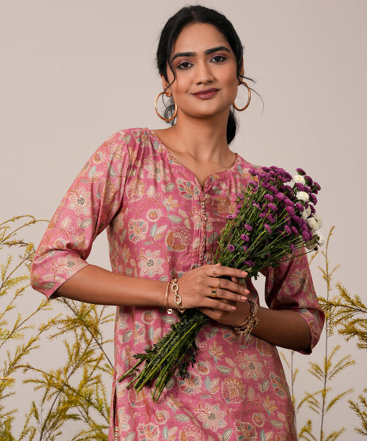 Peach Printed Silk Blend Straight Kurta With Salwar - ShopLibas