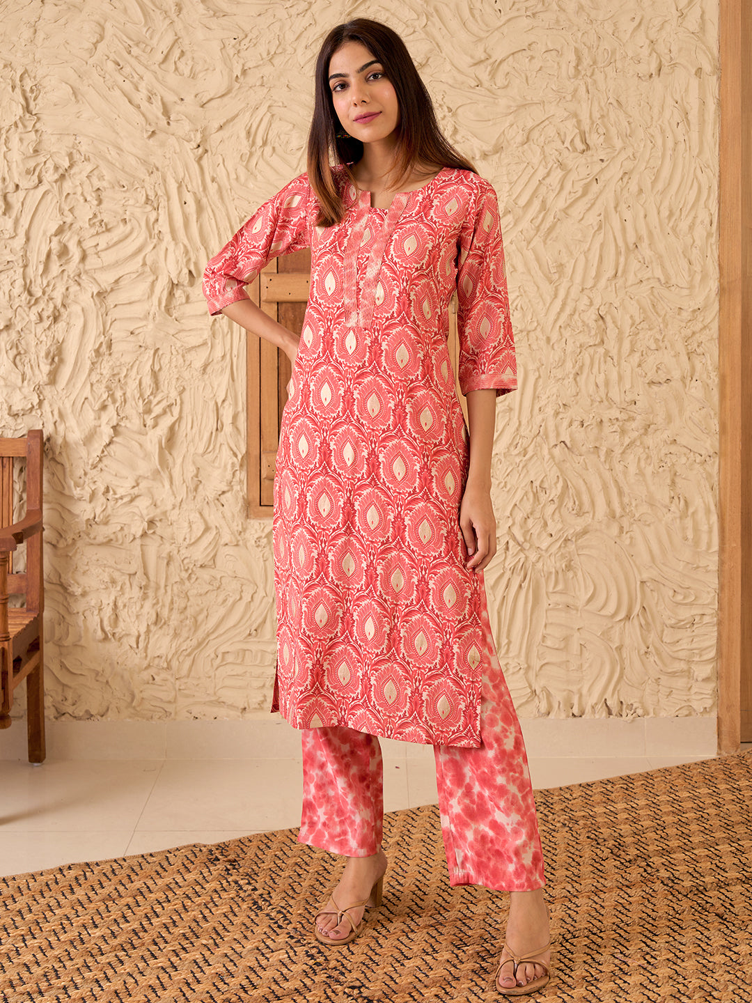 Peach Printed Silk Blend Straight Kurta Set