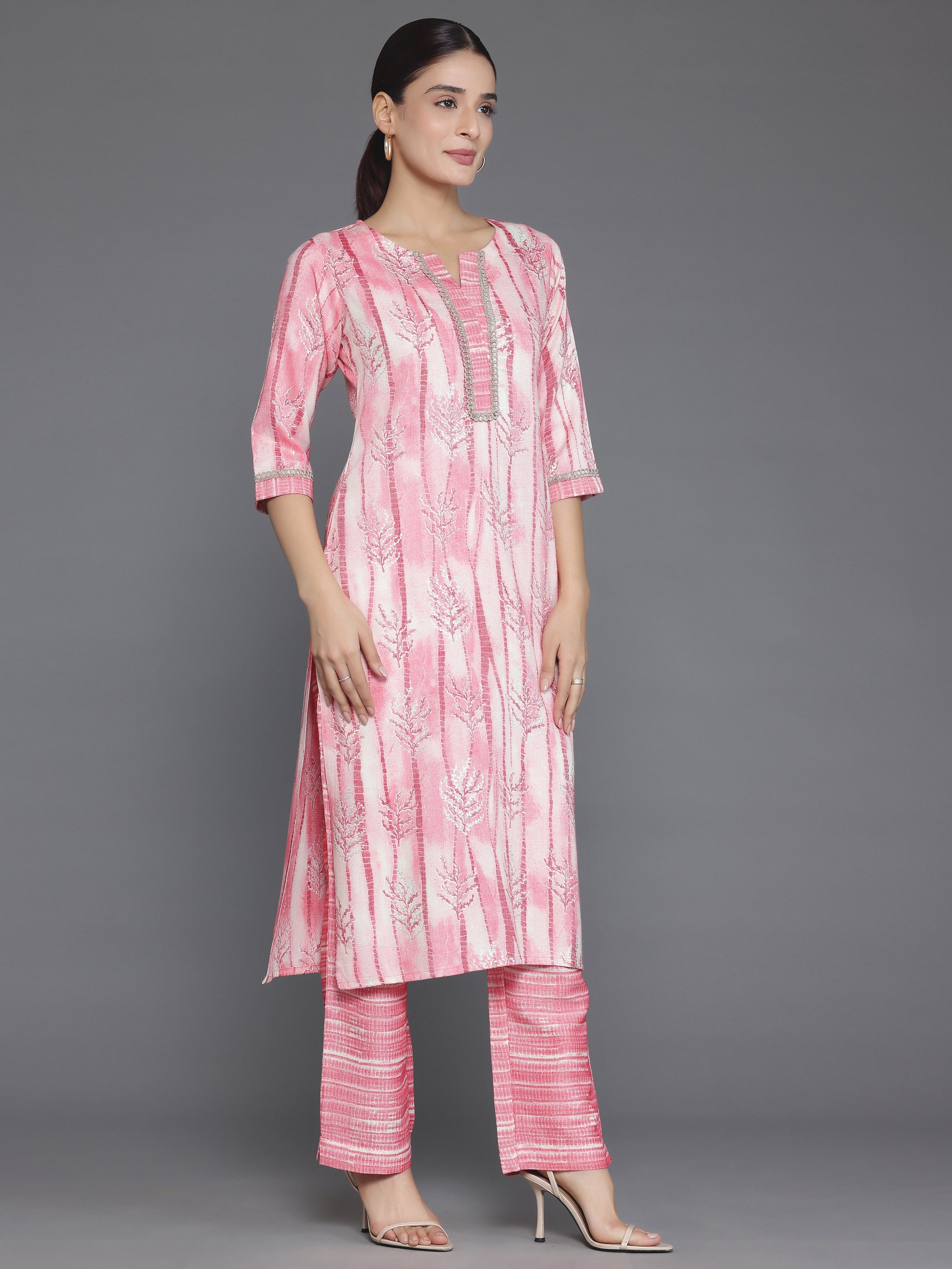 Peach Printed Rayon Straight Kurta Set