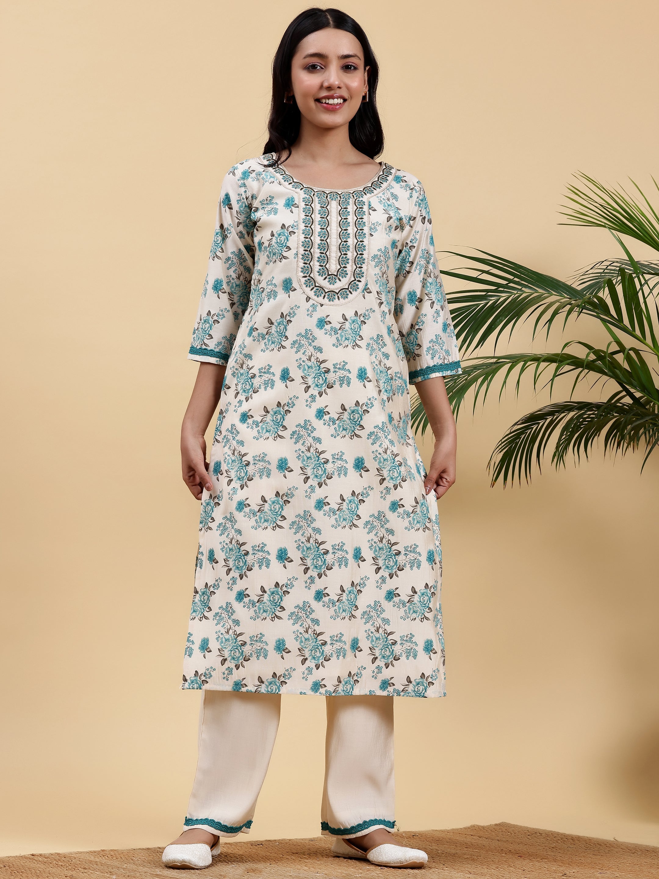 Beige Printed Chanderi Silk Straight Kurta Set