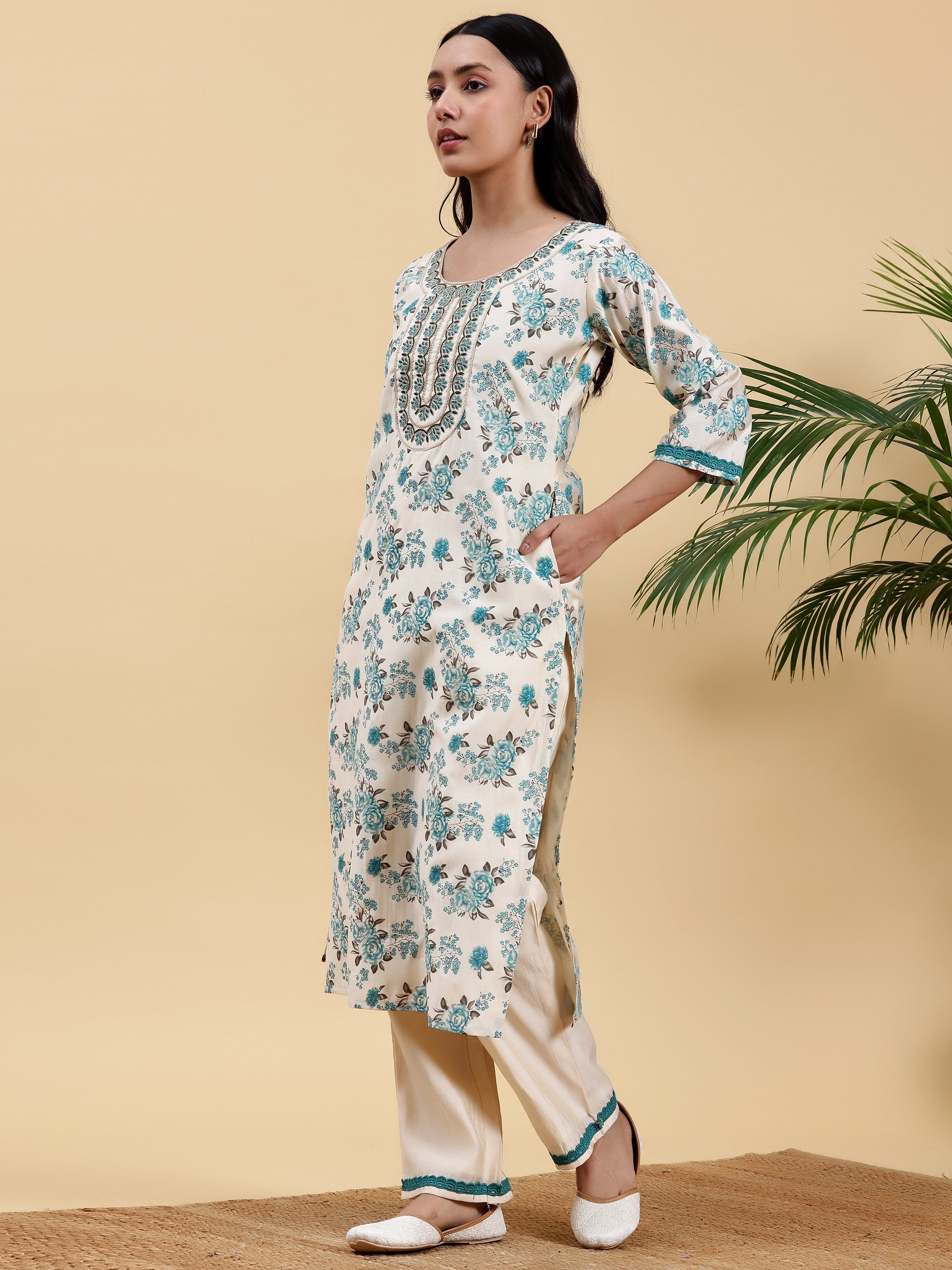 Beige Printed Chanderi Silk Straight Kurta Set