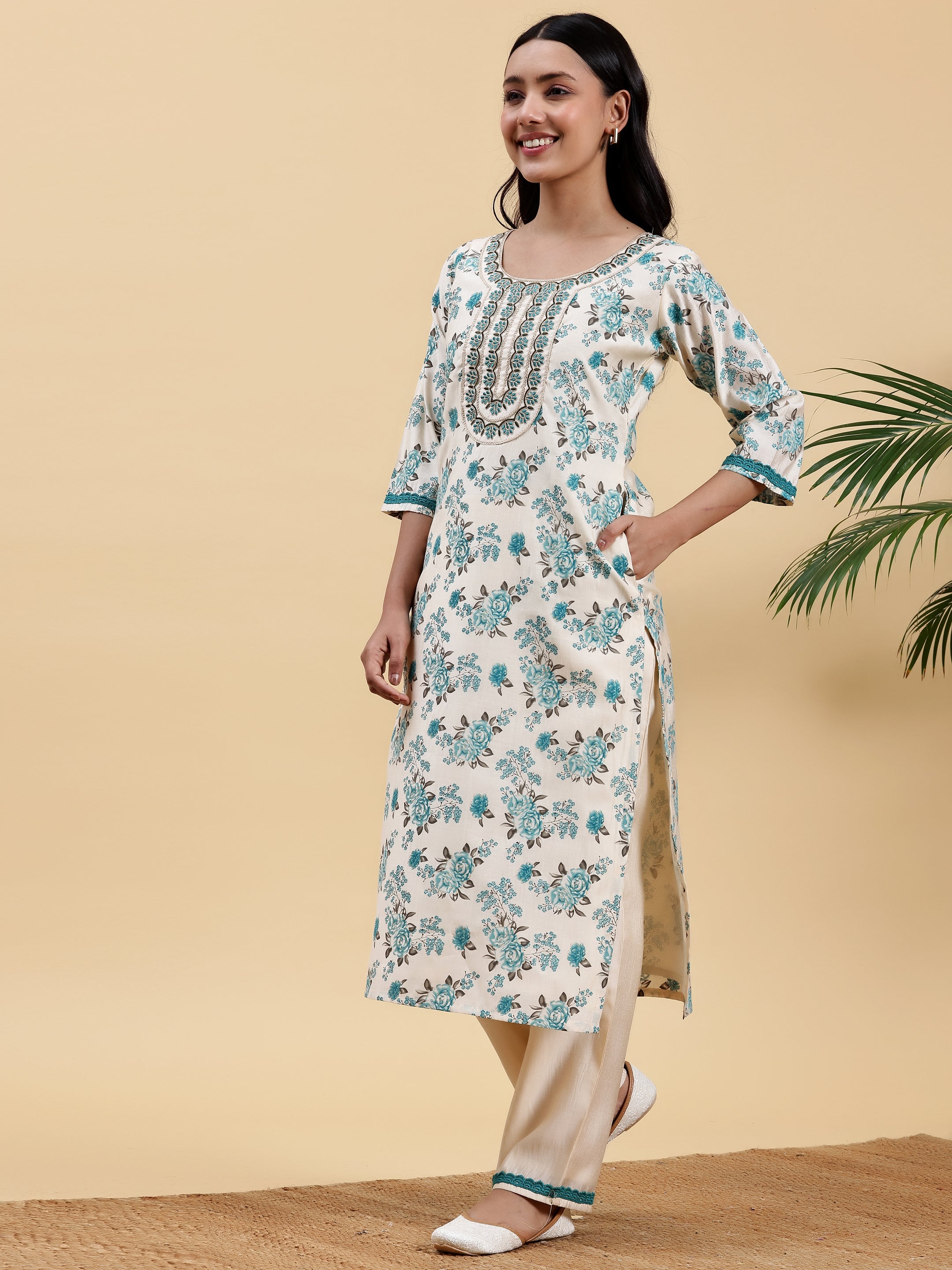 Beige Printed Chanderi Silk Straight Kurta Set