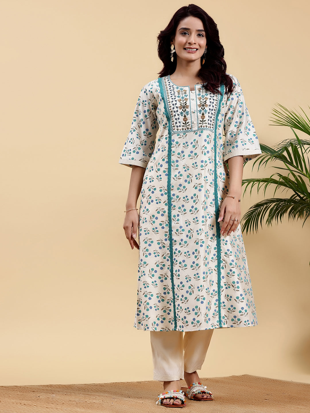 Beige Printed Chanderi Silk A-Line Kurta With Palazzos