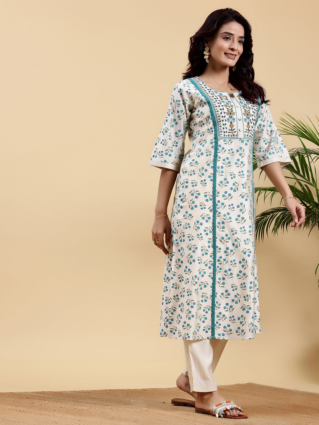 Beige Printed Chanderi Silk A-Line Kurta With Palazzos