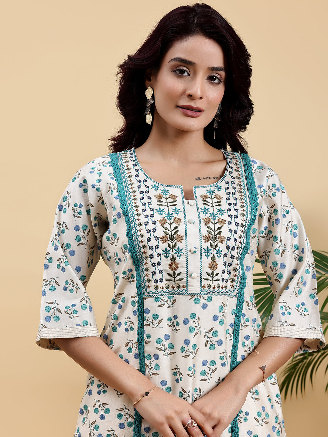 Beige Printed Chanderi Silk A-Line Kurta With Palazzos