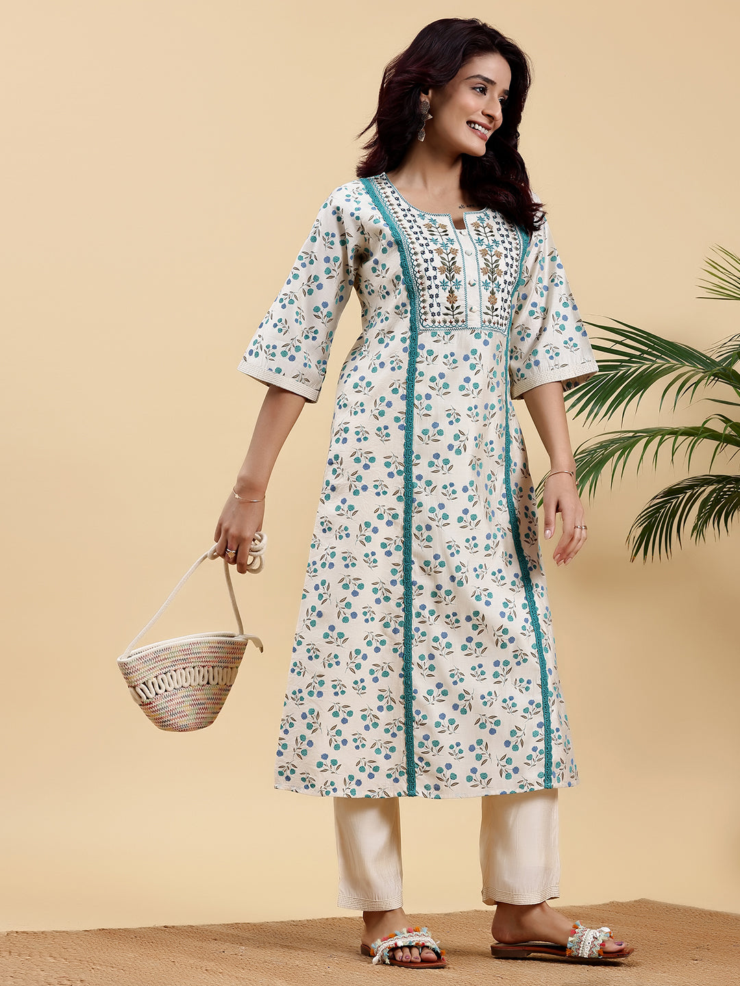 Beige Printed Chanderi Silk A-Line Kurta With Palazzos