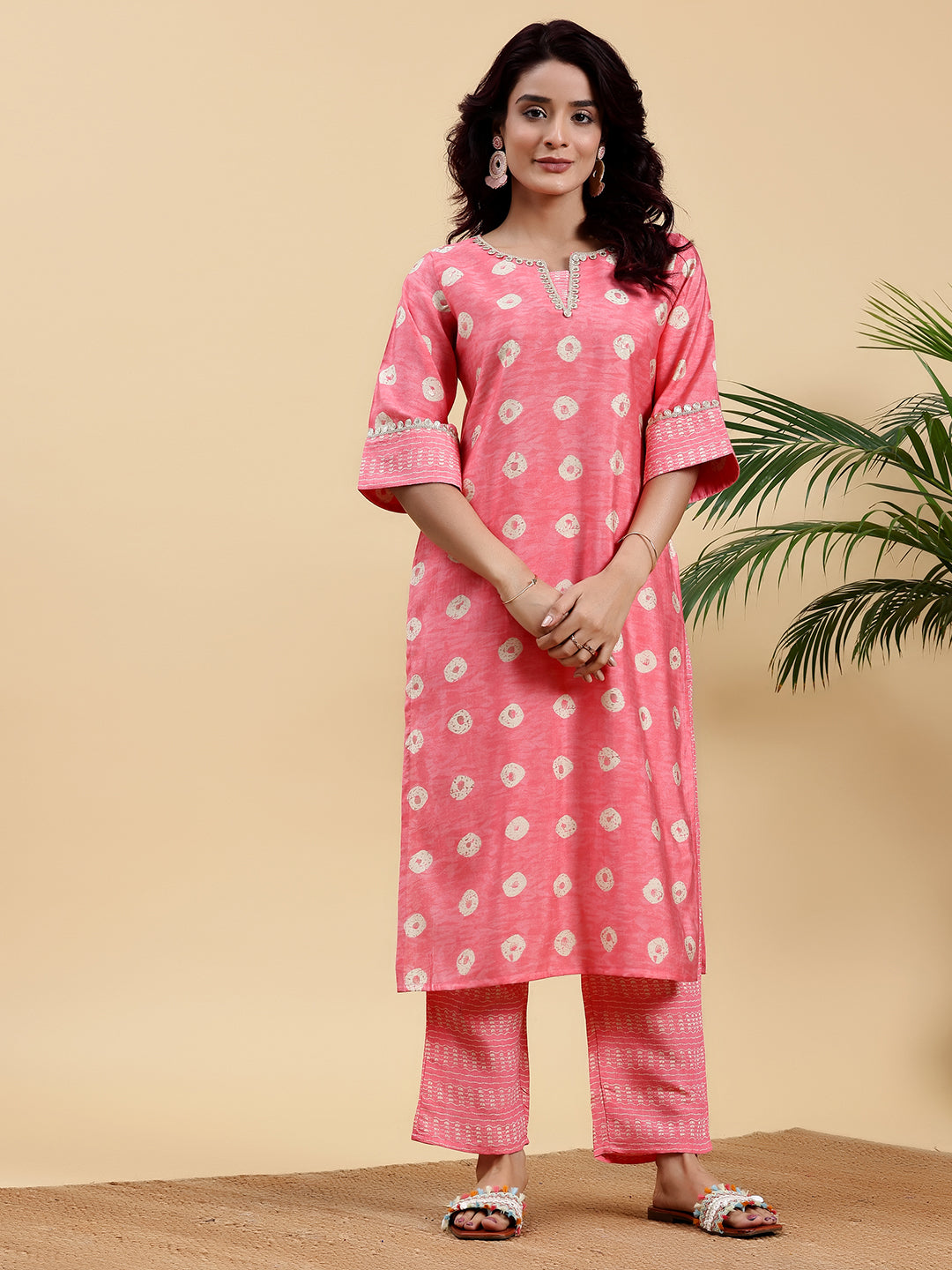 Peach Printed Silk Blend Straight Kurta Set