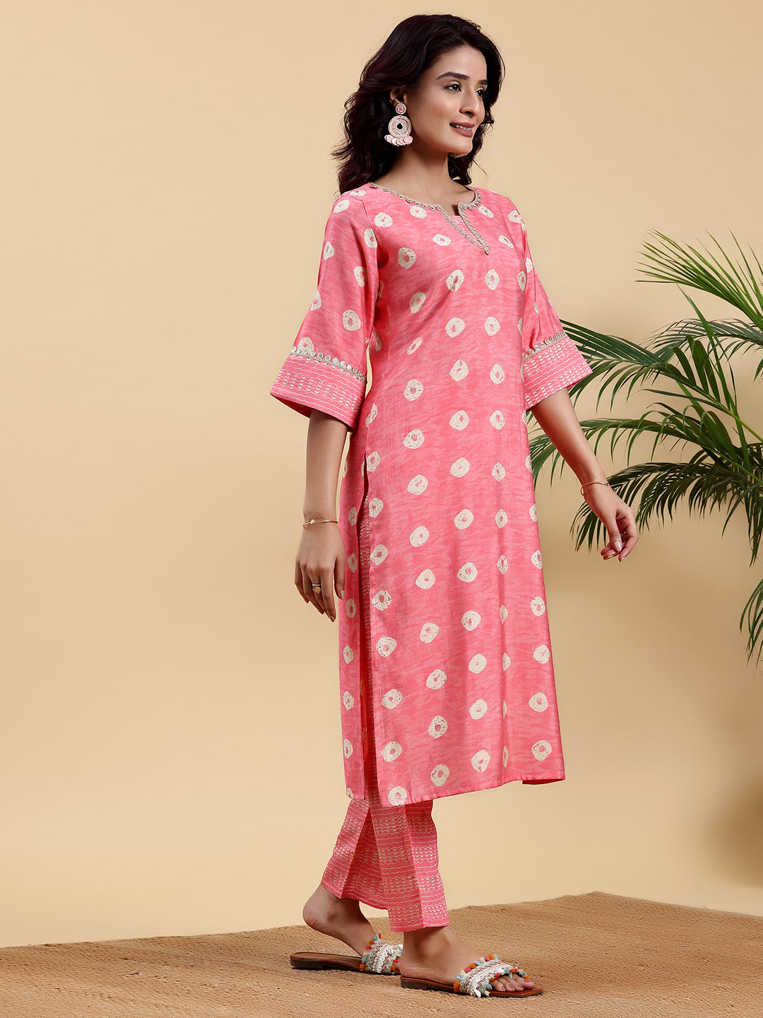 Peach Printed Silk Blend Straight Kurta Set