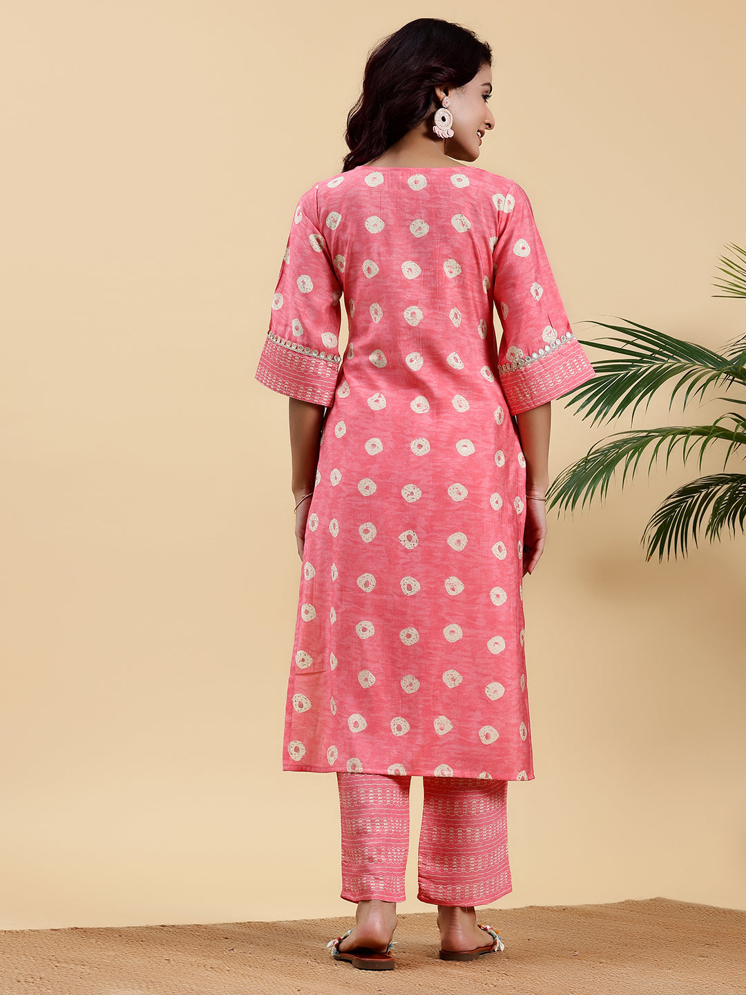 Peach Printed Silk Blend Straight Kurta Set