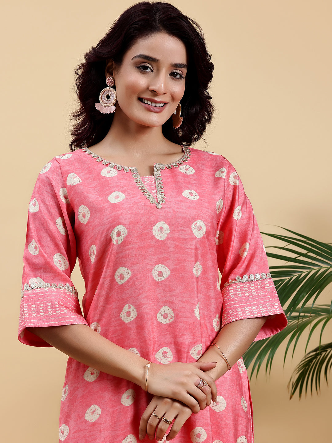 Peach Printed Silk Blend Straight Kurta Set