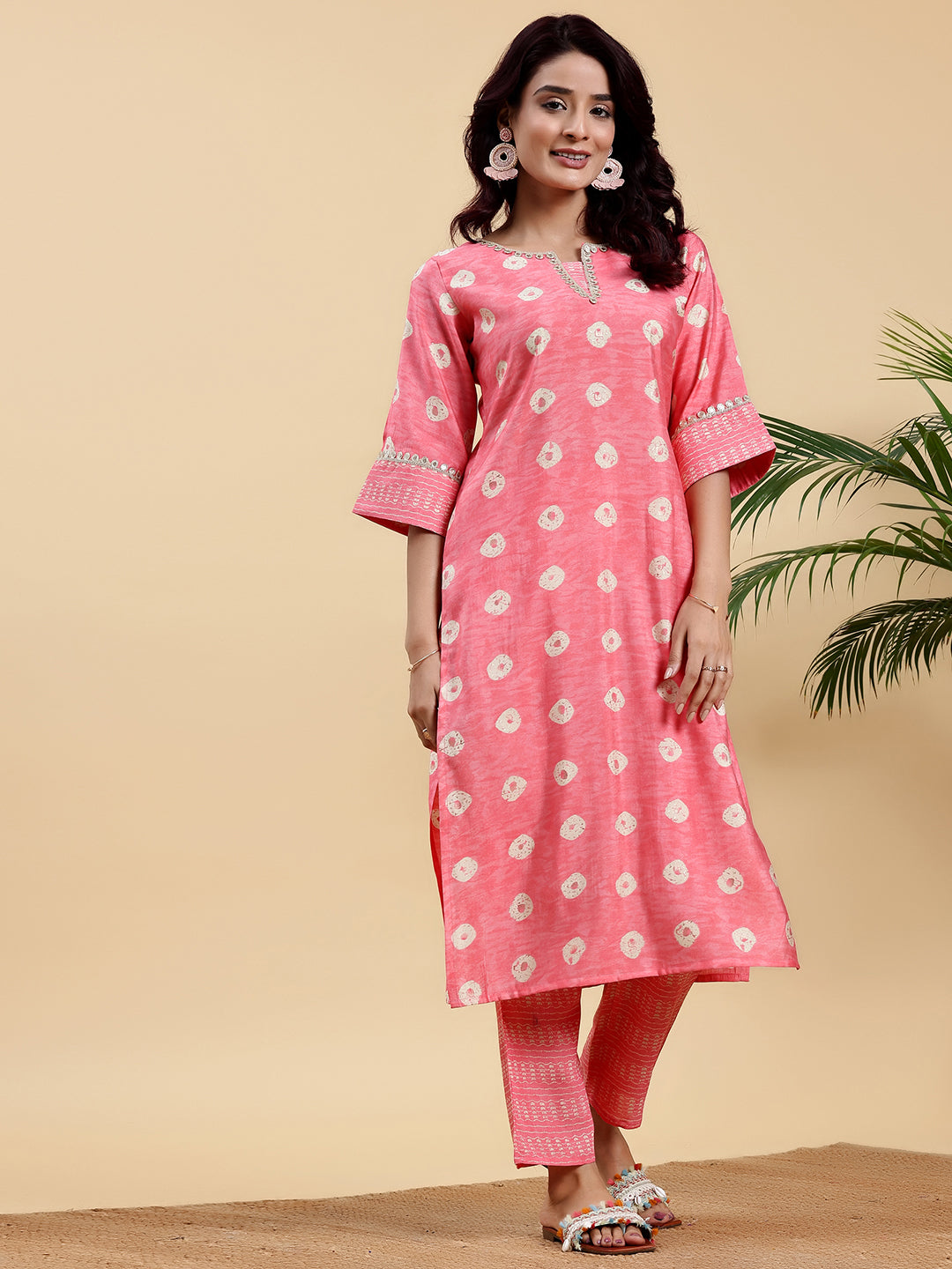 Peach Printed Silk Blend Straight Kurta Set