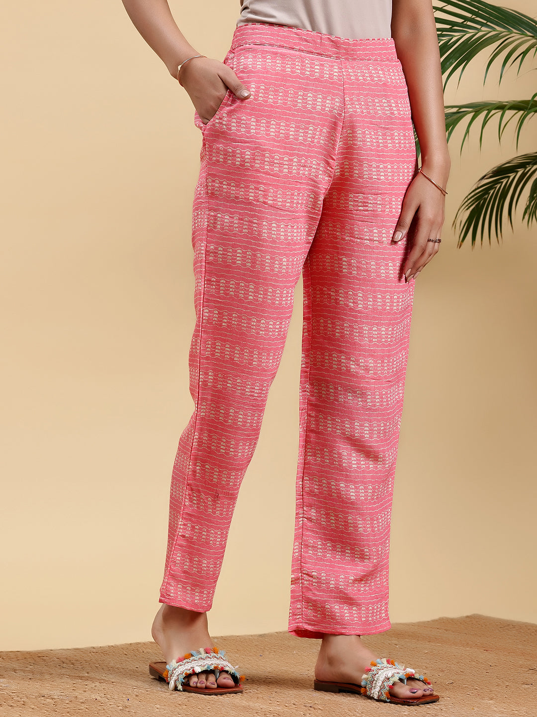 Peach Printed Silk Blend Straight Kurta Set