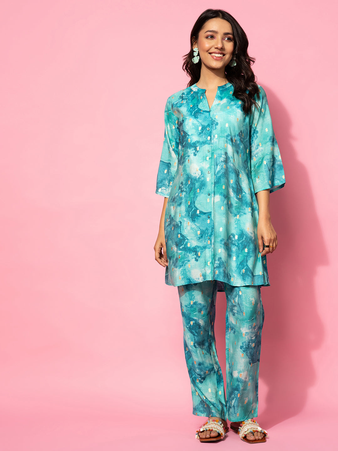 Blue Printed Silk Blend Co-Ords