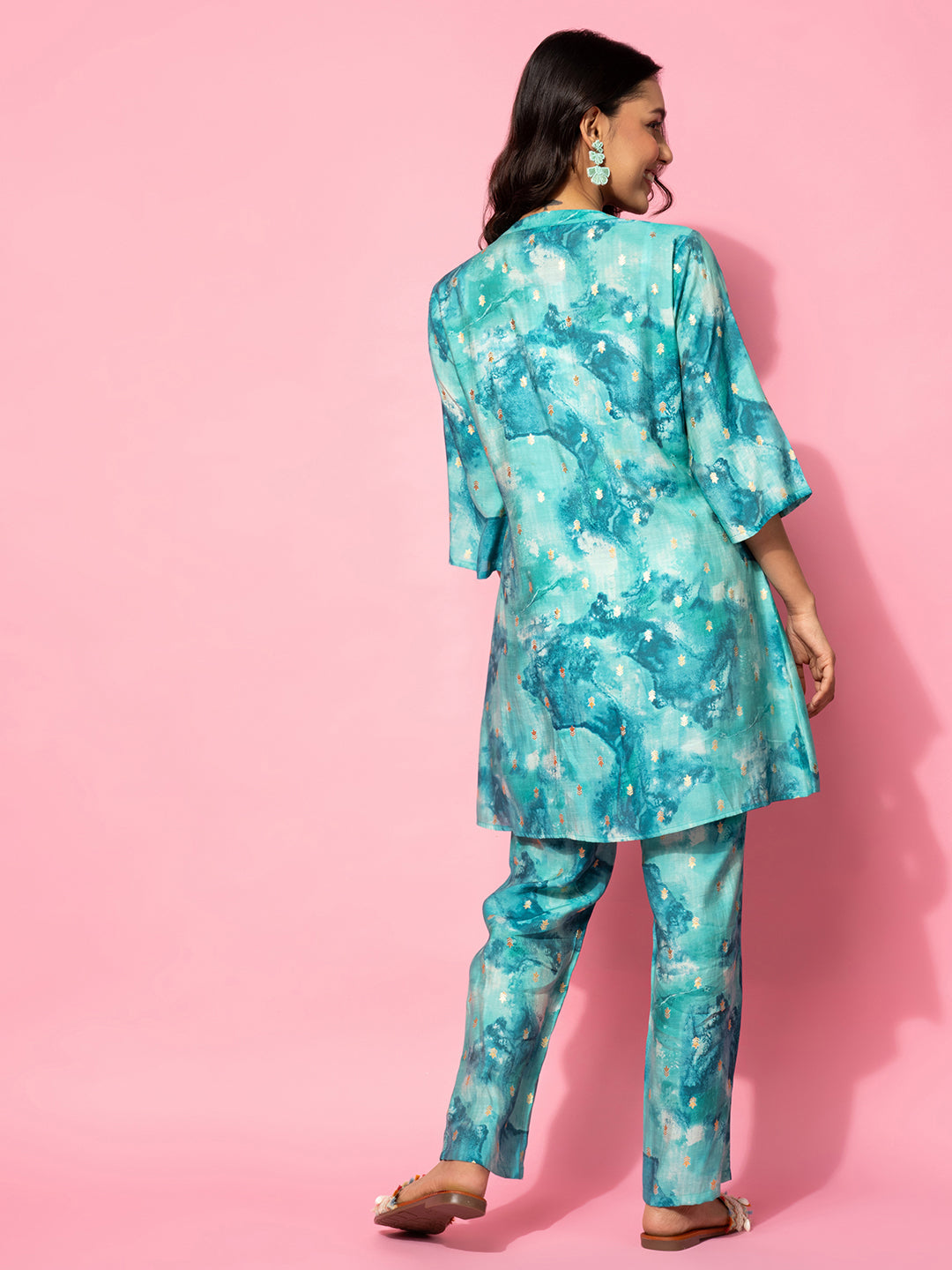 Blue Printed Silk Blend Co-Ords